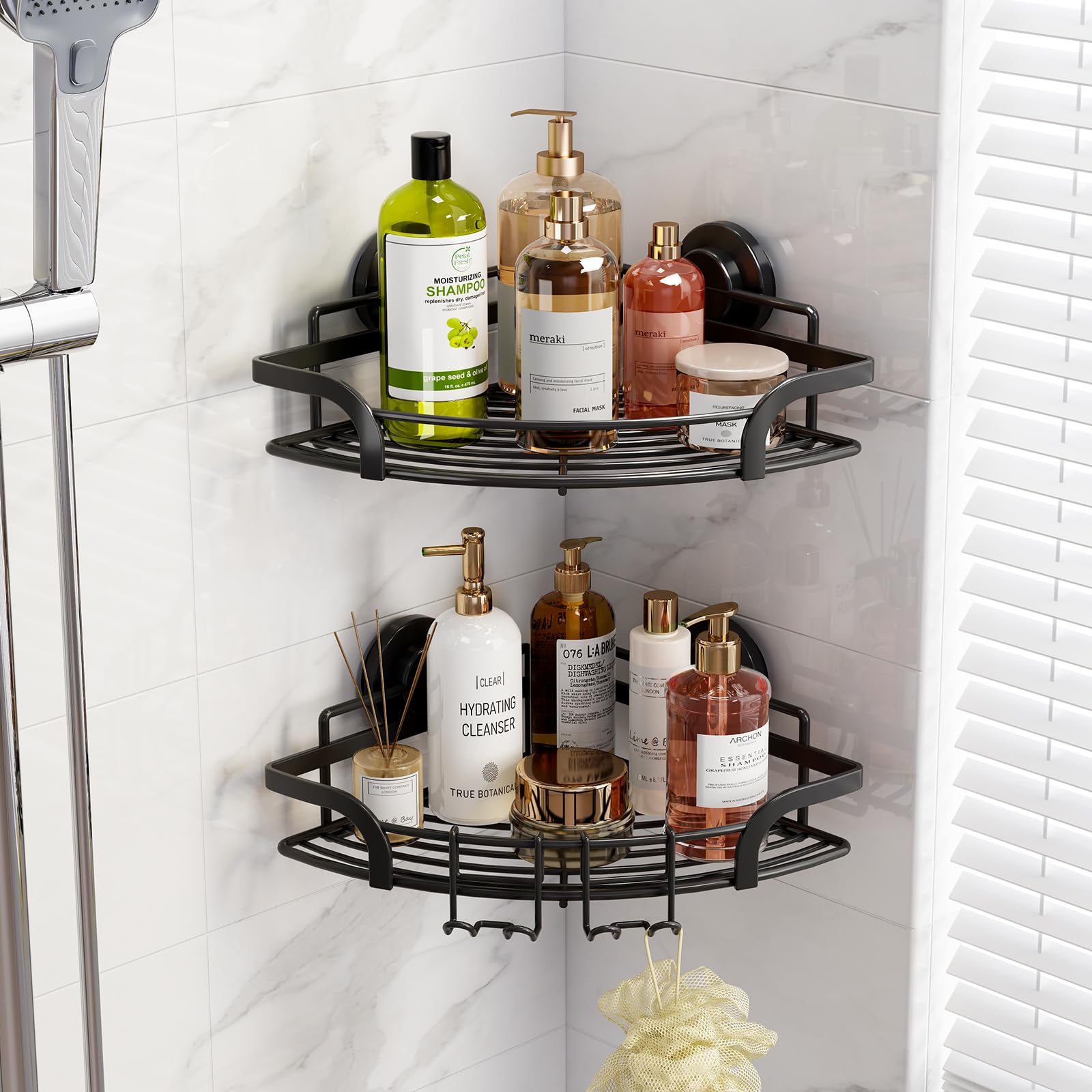 LEVERLOC Corner Shower Caddy Suction Cup with Hooks 2 Pack No-Drilling Removable Shower Caddy Basket, Stainless Steel Shower Shelves,Shower Rack, Rustproof Organizer for Bathroom Storage,Black