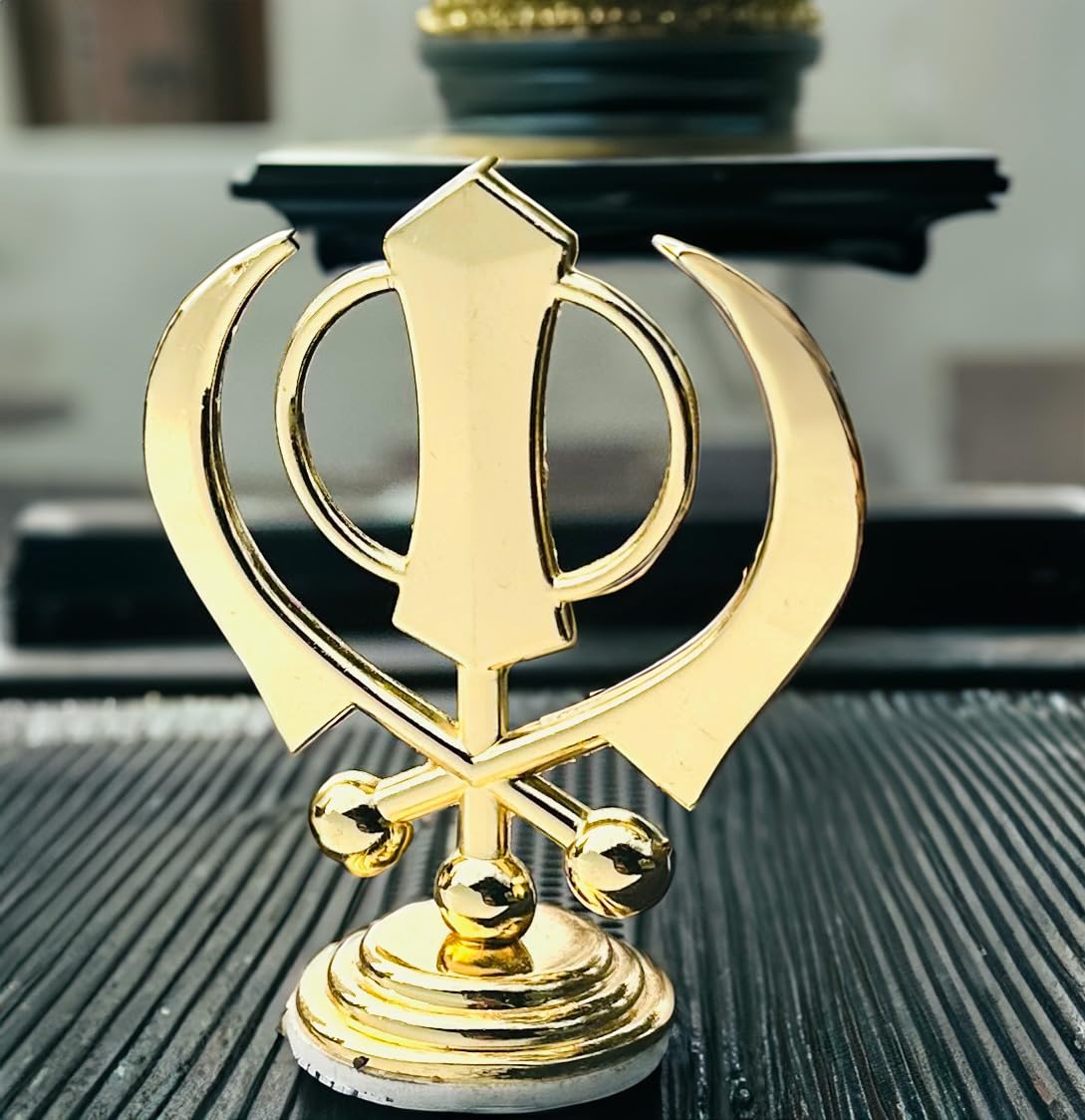 Golden Sikh Khanda Metal Car Hanging - 20cm Spiritual Symbol For Rear View Mirror, Brings Positivity & Peace