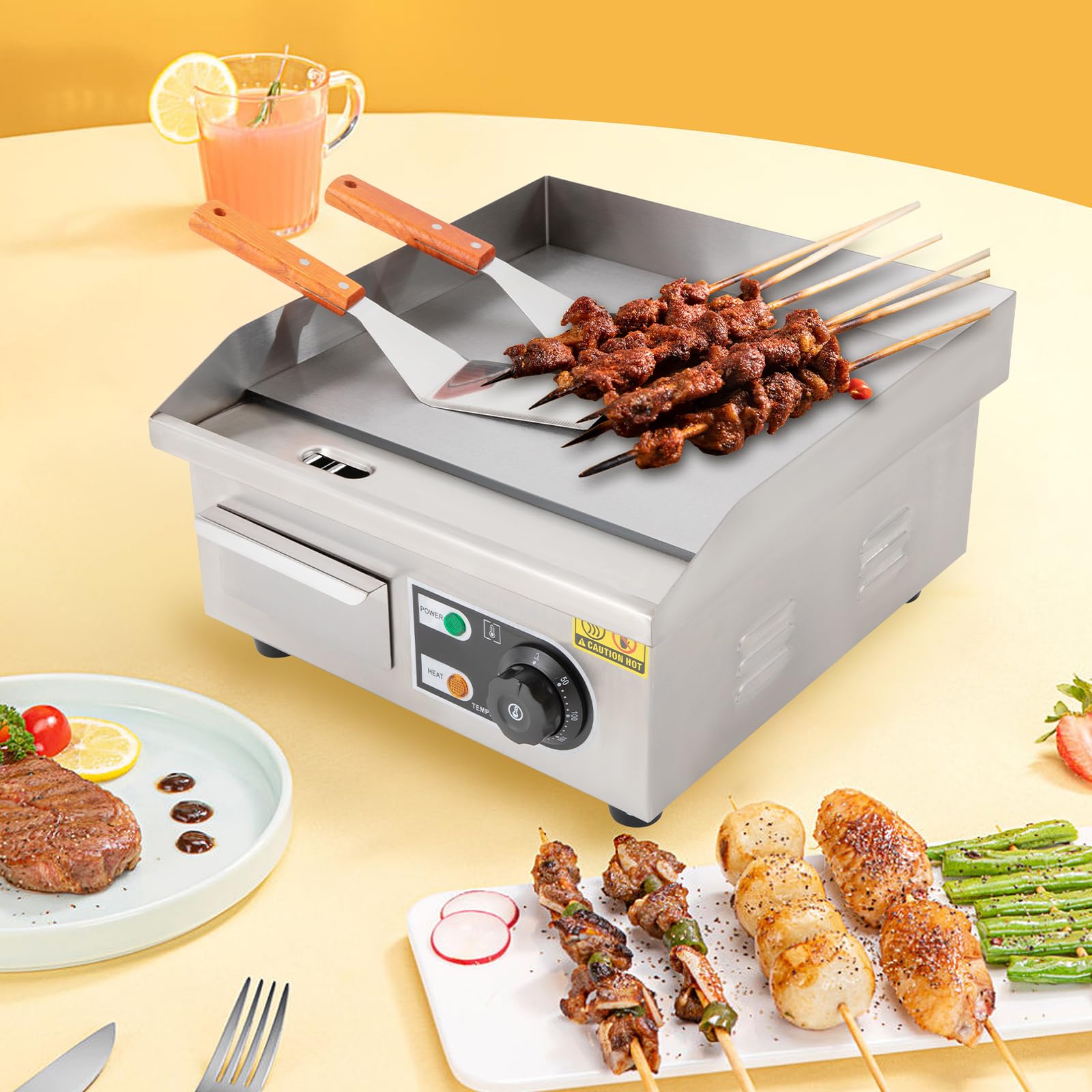 Elektryczny grill stołowy 2000 W, profesjonalna płyta grillowa z ukrytym pojemnikiem na olej, komercyjny grill z 2 łopatkami, 50-300℃