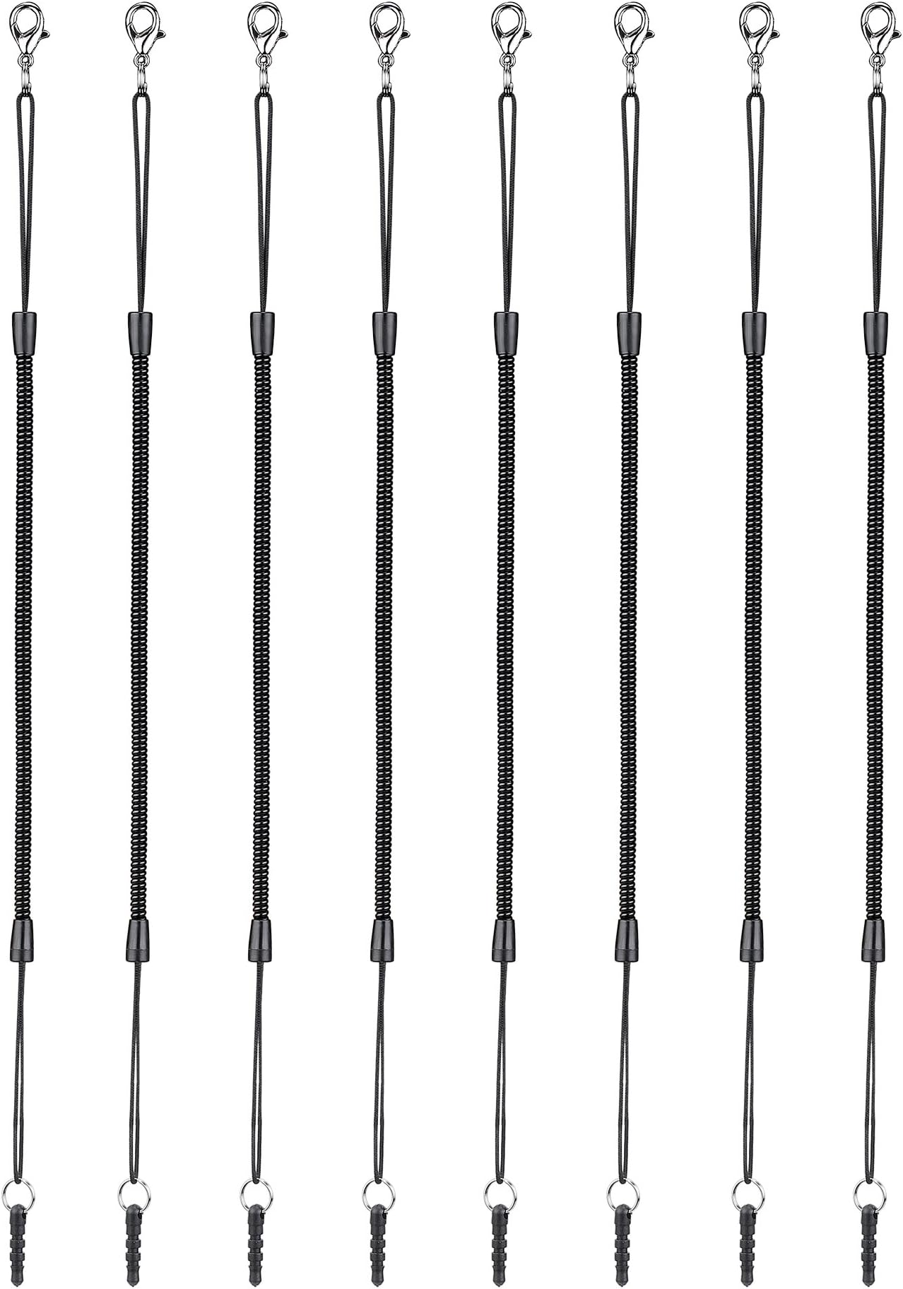 Elastic Tether Lanyards (Pack of 8) for Stylus Pens with Top Port, Retractable Coiled Spring Lobster Clasp Hook Earphone Jack (Black)