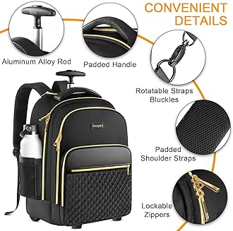 Rolling Backpack Carry On Luggage For Adults With Wheels, Wheeled Backpack For Women, Travel Roller Backpack, Black, 17-inch, Rolling Backpack Carry on Luggage