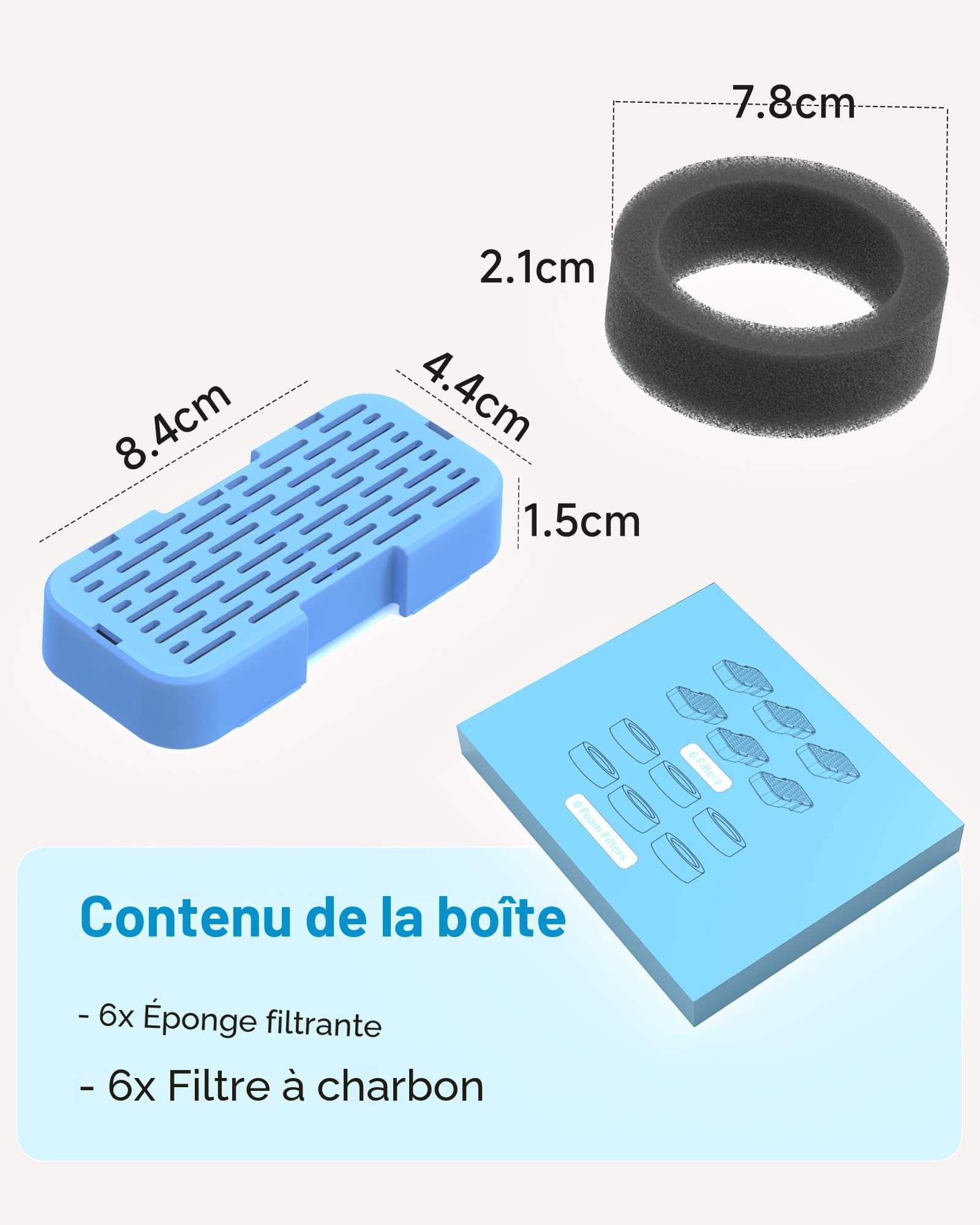 AONBOY Filtres de Fontaine a Eau Chat, 6 Pièces Filtre à Charbon + 6 Pièces Éponges, Multi-Filtrage, Isole Les Poils Flottants, Adaptés à la S3-SC