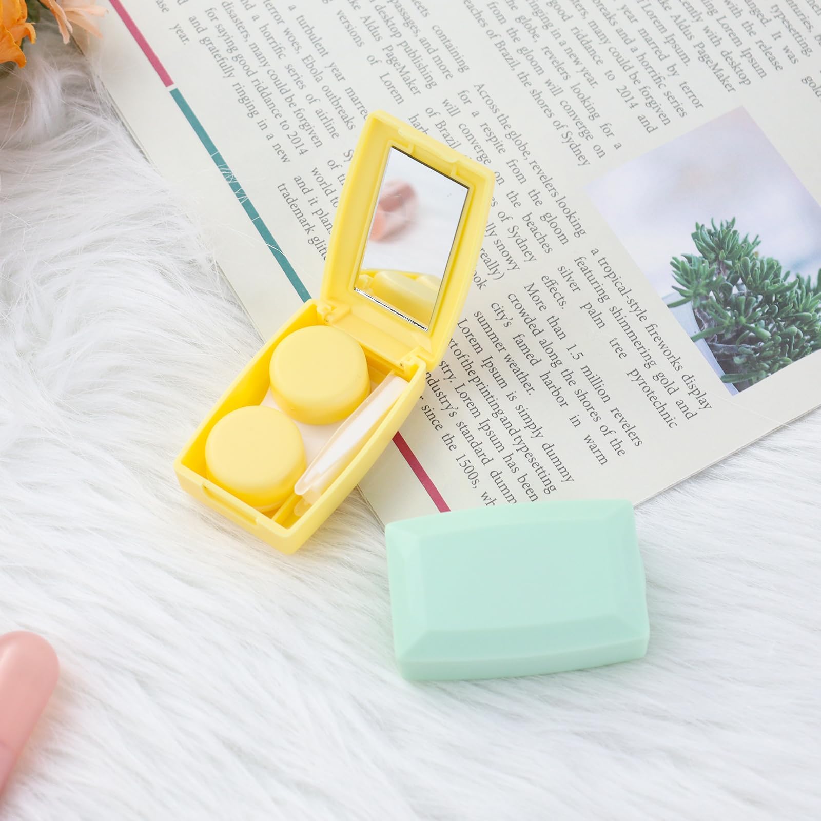 2 Pack of Contact Lens Cases, Compact Travel Contacts Case with Remover Tool Kit, Mini Rectangle Contact Lens Storage Box with Mirror for Travel, Office, and Daily Use (Yellow and Green)