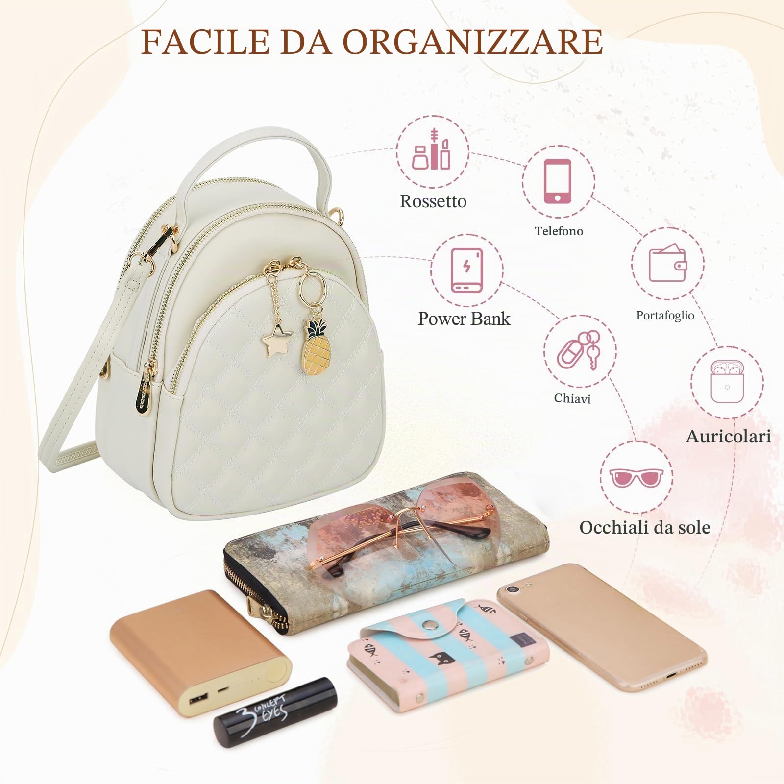 Mini borsa zaino, zaino convertibile piccolo in pelle PU trapuntata moda VONXURY per donne e ragazze