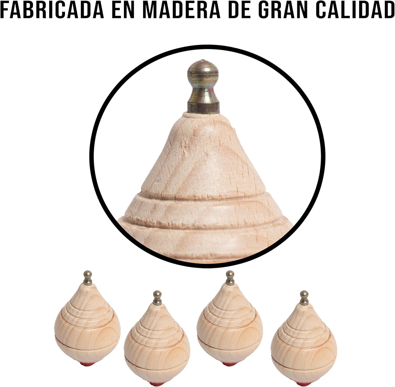 Children's Classic Wooden Spinning Top with Rope – Manual Set for Children with Rotating Tip – Pack of 1/2/4/6/8/12/16/24 – Classic Wooden Top – Spinners Perinola (4 spinning tops)