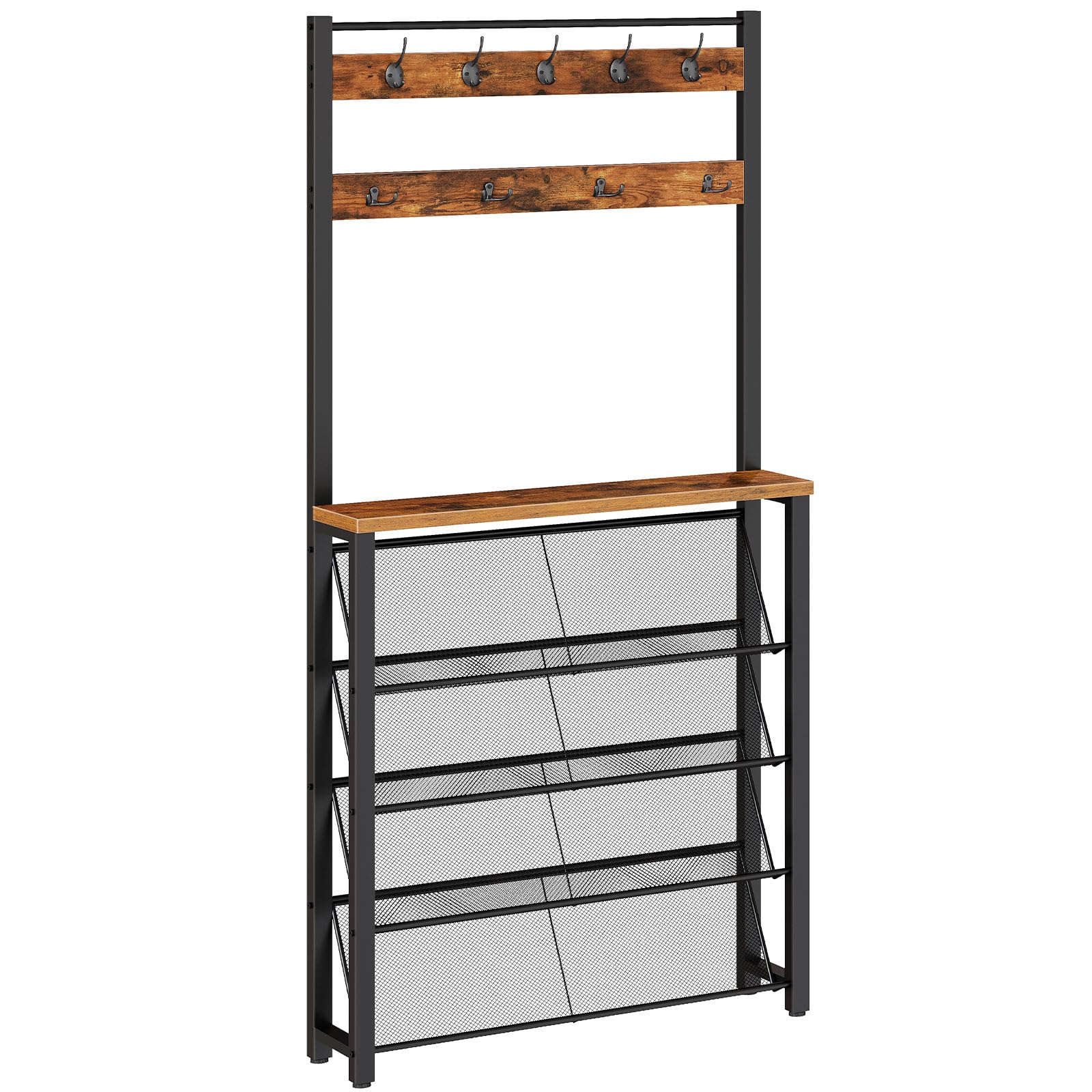 HOOBRO Meuble d’Entrée Étroit de 20 cm avec Rangement à Chaussures et Crochets, Porte-Manteau Multifonctionnel, pour Couloir, Entrée, Derrière la Porte, Marron Rustique et Noir EBF20MT01