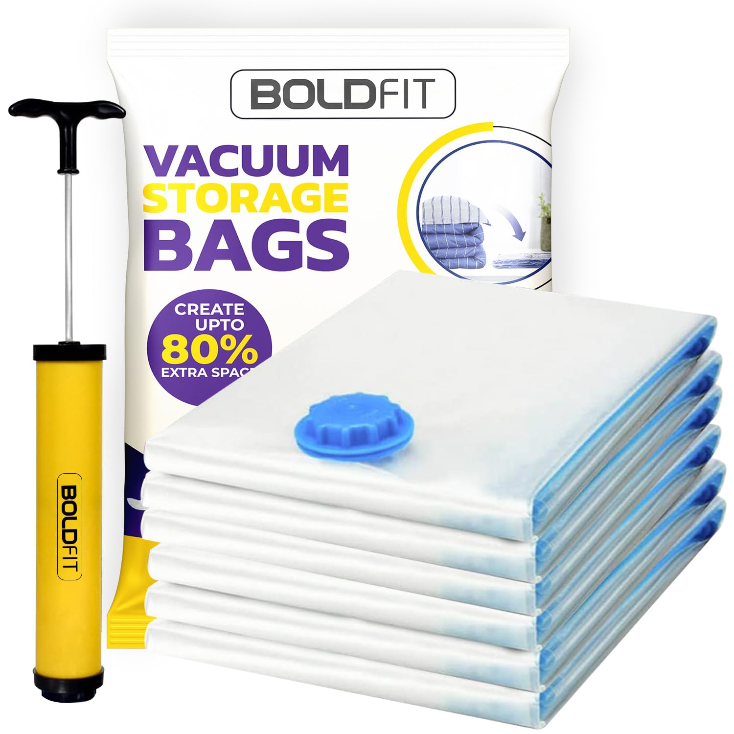 Boldfit Plastic Reusable Vacuum Bags For Clothes With Pump Vacuum Bags For Travel Packing Blankets Compression Vacuum Storage Bags, Vacuum Bag- Set Of 6 (2M, 2L, 2J), Transparent
