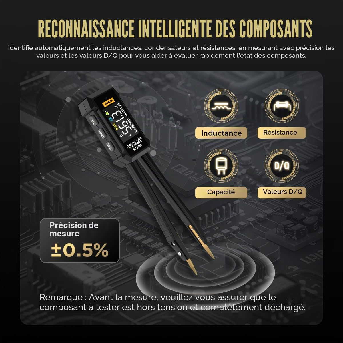 AUTOOL Pince multimètre numérique LCR, testeur CMS 6-en-1, écran OLED, rechargeable, mesure de résistance de 10 mΩ à 10 MΩ, de capacité de 1 pF à 20 mF et d'inductance de 1 µH à 60 H, pour automobile