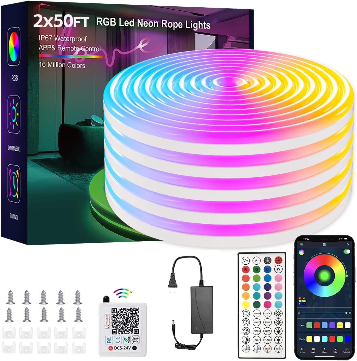 Neon Rope Lights, 100FT IC+RGB LED Strip Lights, App+Remote Control, Outdoor IP67 Waterproof, Music Sync, Color Changing, Flexible DIY Design Neon Lights for Bedroom, Party Decor(2 Rolls)