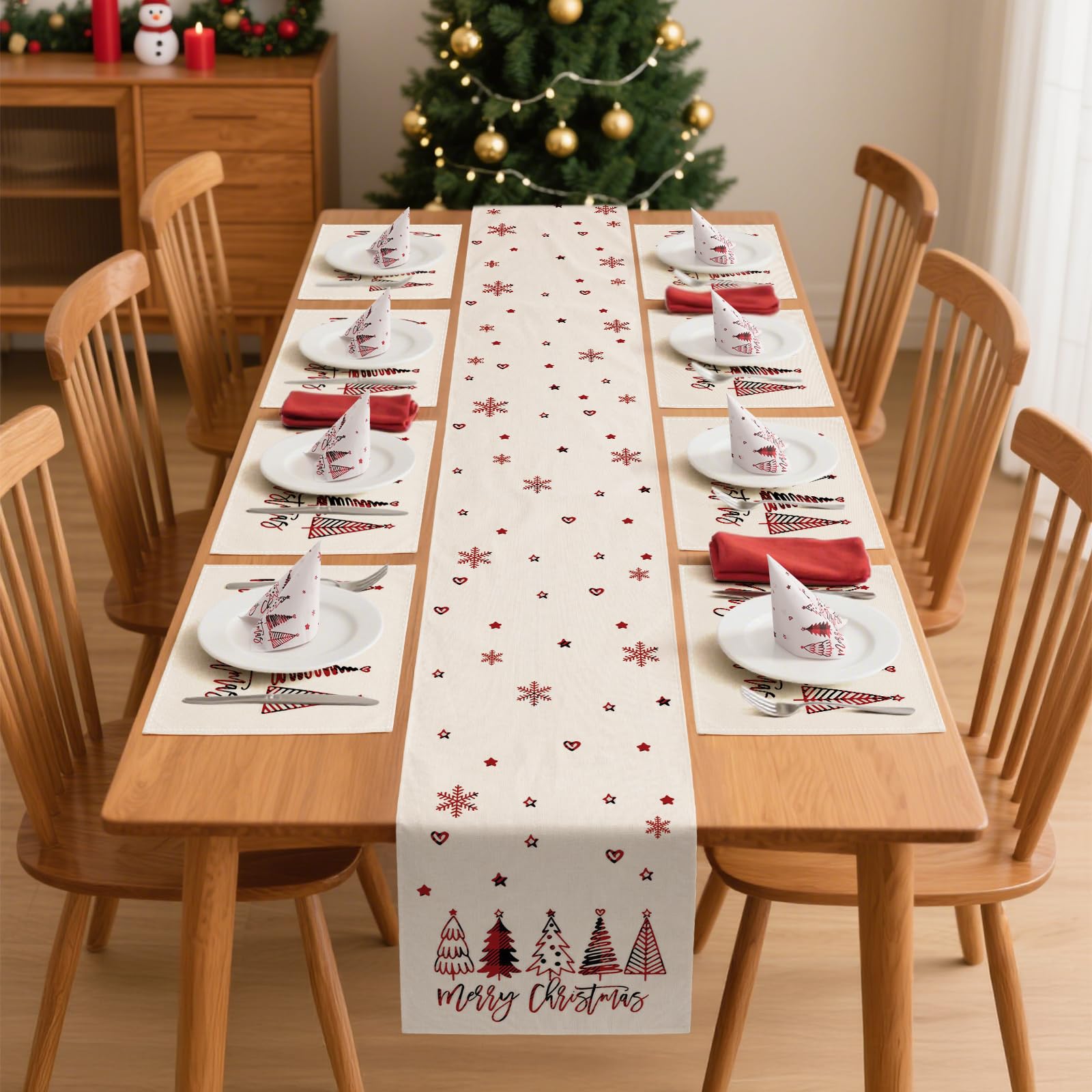 YCOLL Runner da Tavola Natalizio Beige/Rosso Invernale Impermeabile, Moderno con Tovagliette e Tovaglioli, per Decorazioni Tavola Interno Esterno, Cucina, Feste e Cena di Natale