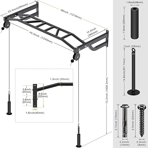 Miniatura 7 de SELEWARE 48" Wall Mount Pull Up Bar with Pulley System, Heavy Duty Multi-Grip Chin Up Bar for Home Gym, 500 lbs Capacity, Fits 16" & 24" Wood Studs,