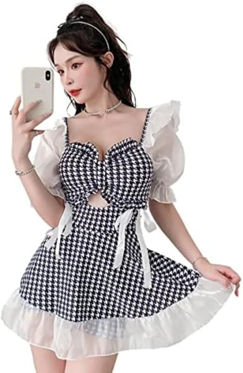 [AOBRICON] 水着 レディース ワンピース 千鳥格子 レース パフスリーブ 水着 フリル 肩紐 ストラップ バックシャン ウ