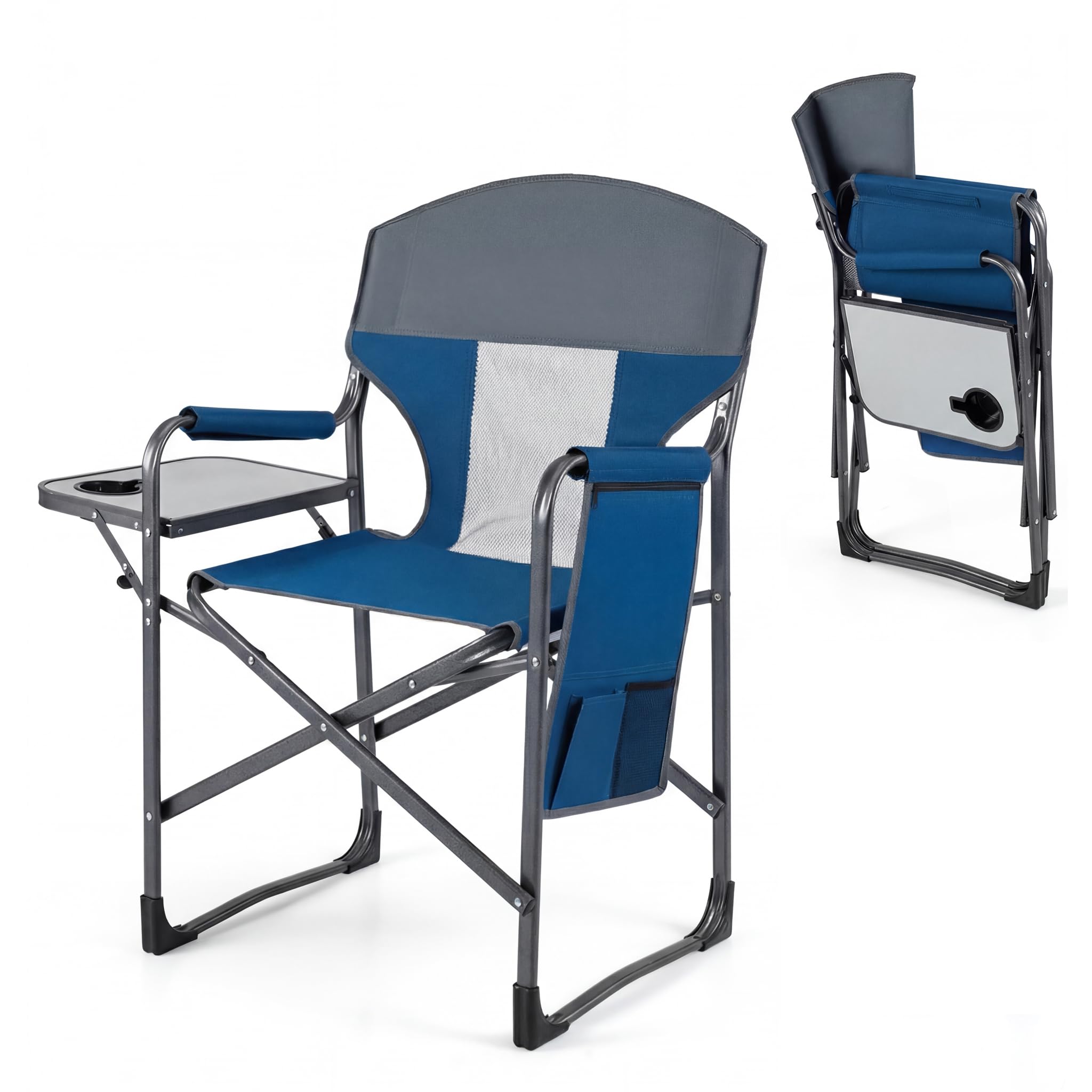 TANGZON Folding Camping Chair, Portable Comfy Directors Chair with Side Table & Cup Holder, Heavy Duty Oversized Seat for Garden Fishing Beach Picnic (Navy+Gray, 83 x 50 x 101 cm, with Storage Pocket)