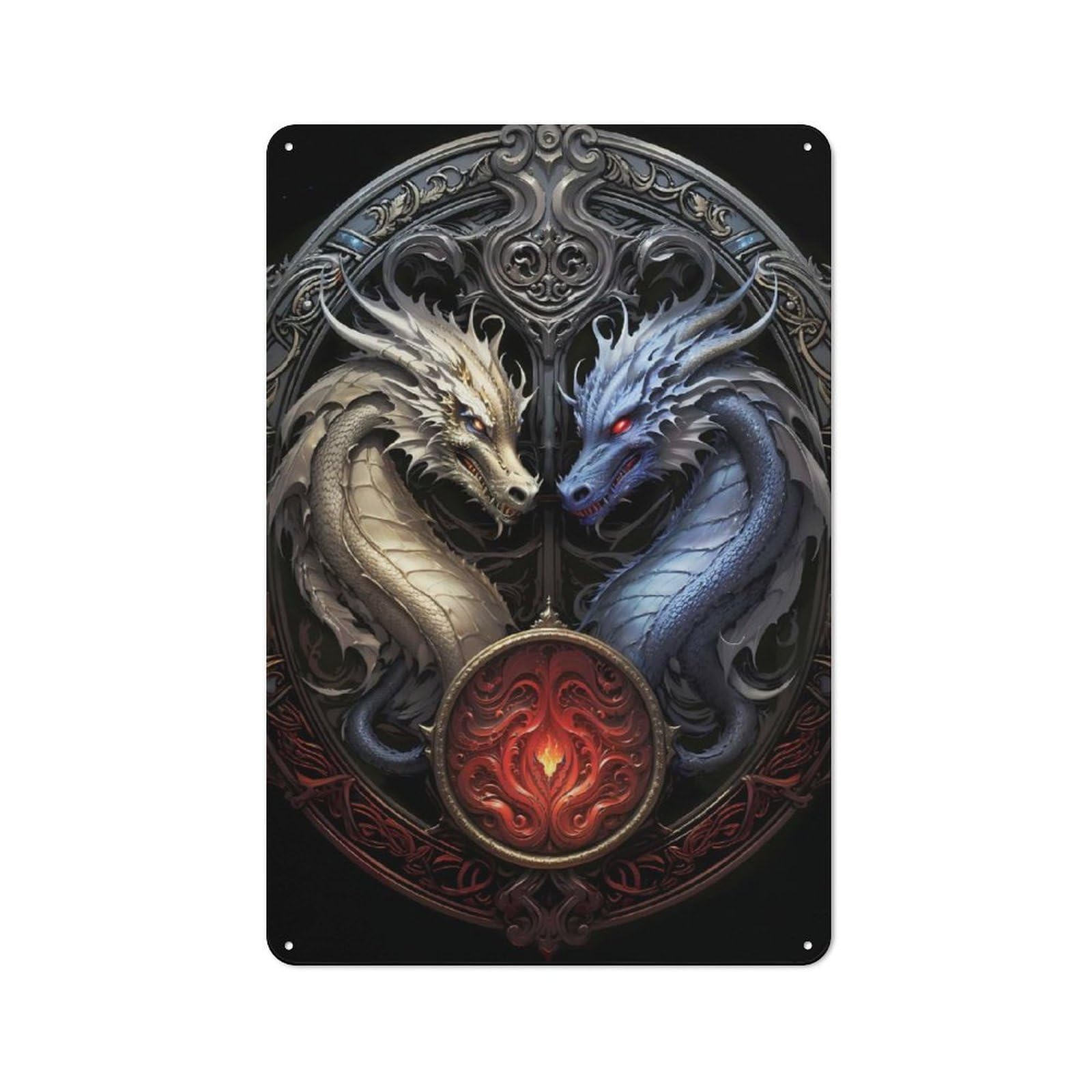 Junmoney Style-10 Vintage Tin Sign 30X20cm With Twin Dragon Art Deco For Garage Or Workshop, For Metal Sign Collectors, For Cafés, Pubs And Restaurants