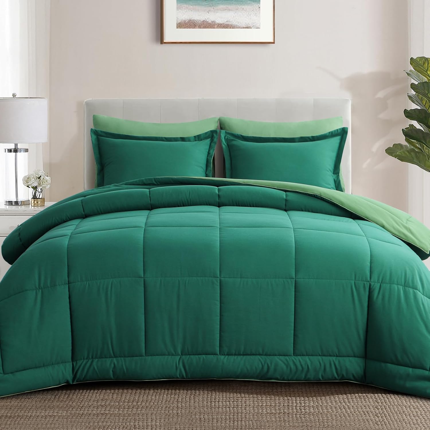 Aisbo Emerald and Sage Green Comforter Set Cal King - 3-Pieces Reversible Comforter Set Cal King Size Soft and Lightweight, All Season Down Alternative Bed Comforter with 2 Pillow Shams