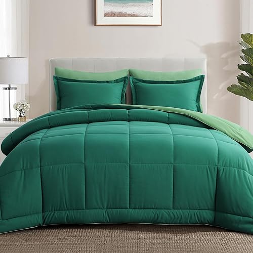 Vista 3 de Aisbo Juego de edredón verde esmeralda y salvia Cal King, juego de edredón reversible de 3 piezas tamaño Cal King, suave y ligero, edredón