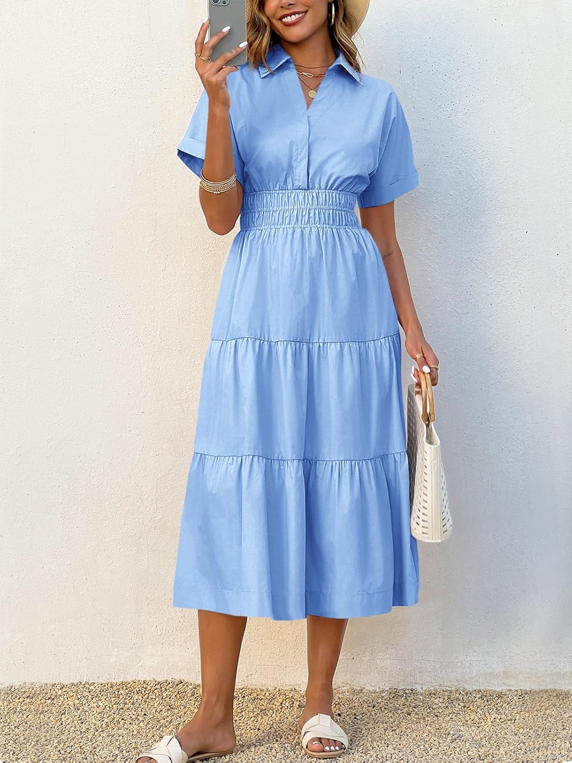 Wenrine Womens Summer Short Sleeve Maxi Dresses Casual V Neck Smocked Loose Tiered Flowy Shirt Dress with Pockets - Image 4