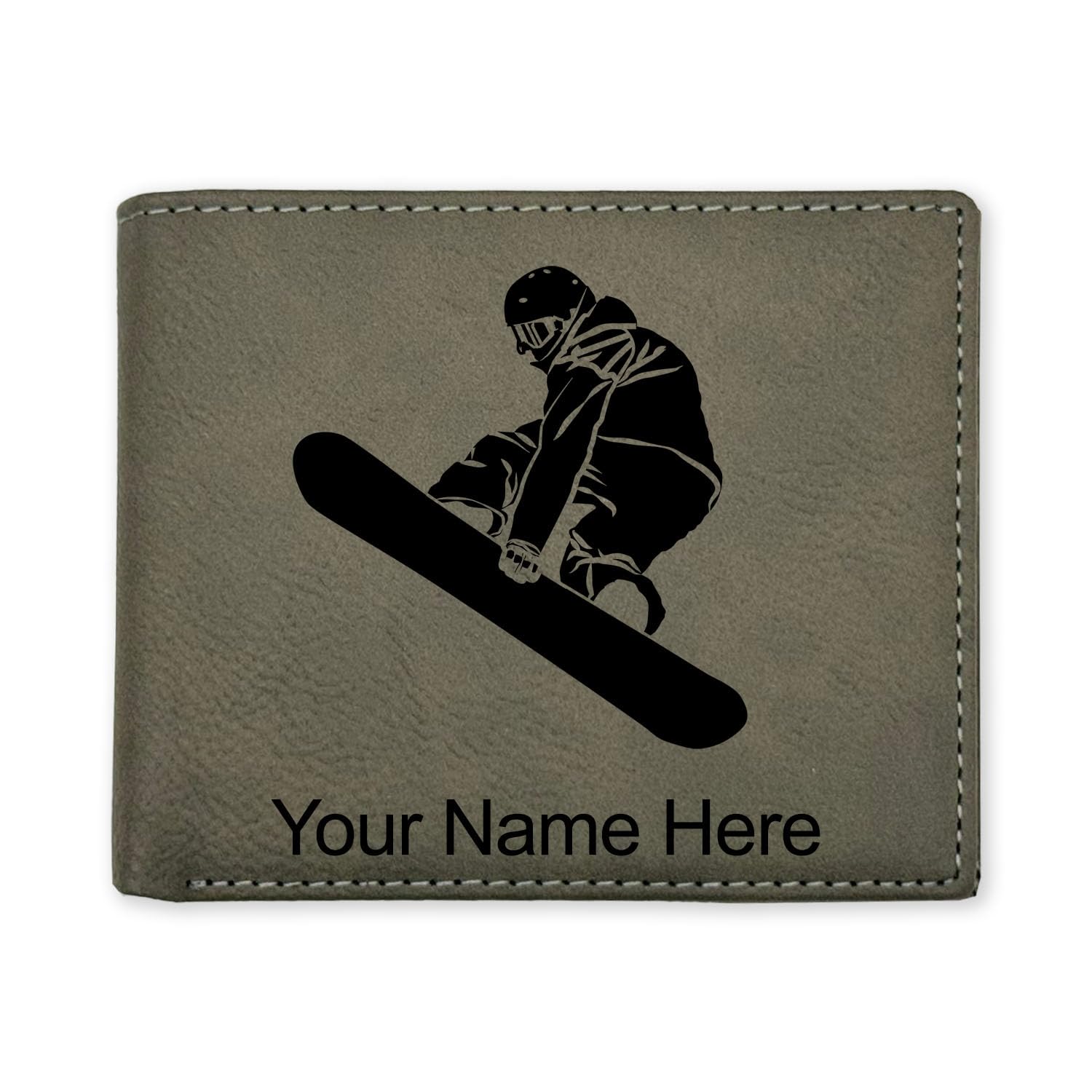 LaserGram Faux Leather Bi-Fold Wallet, Snowboarder Man, Personalized Engraving Included (Gray)