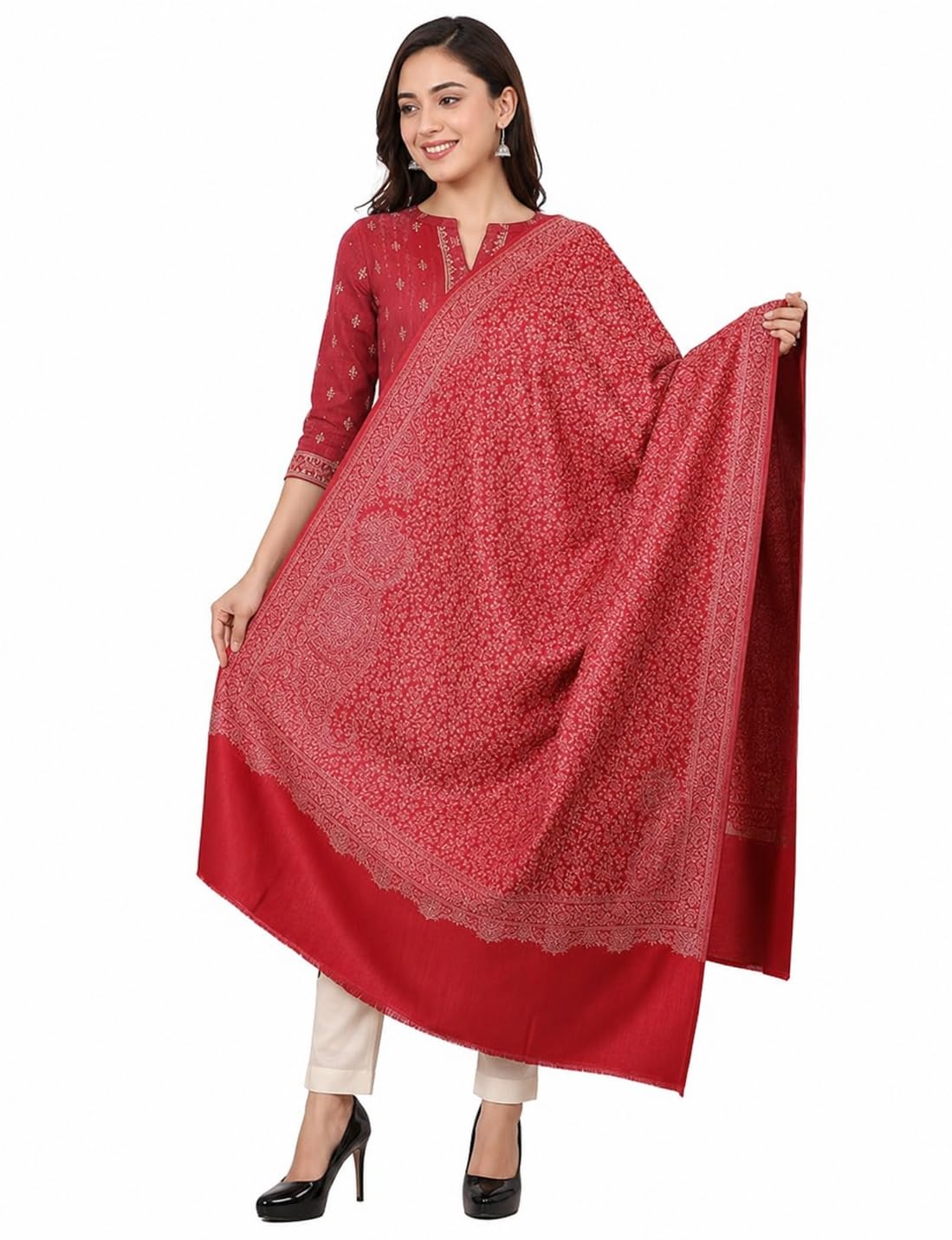 Women Shawl Maroon Paisley Woven Floral Pattern-image-17