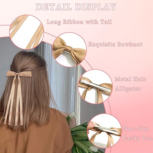 Miniatura 4 de FULZTEY 6 lazos para el cabello para mujer, con borlas, cinta para el cabello con cola larga, lazos de satén sólido, pasadores franceses, cocodrilo,