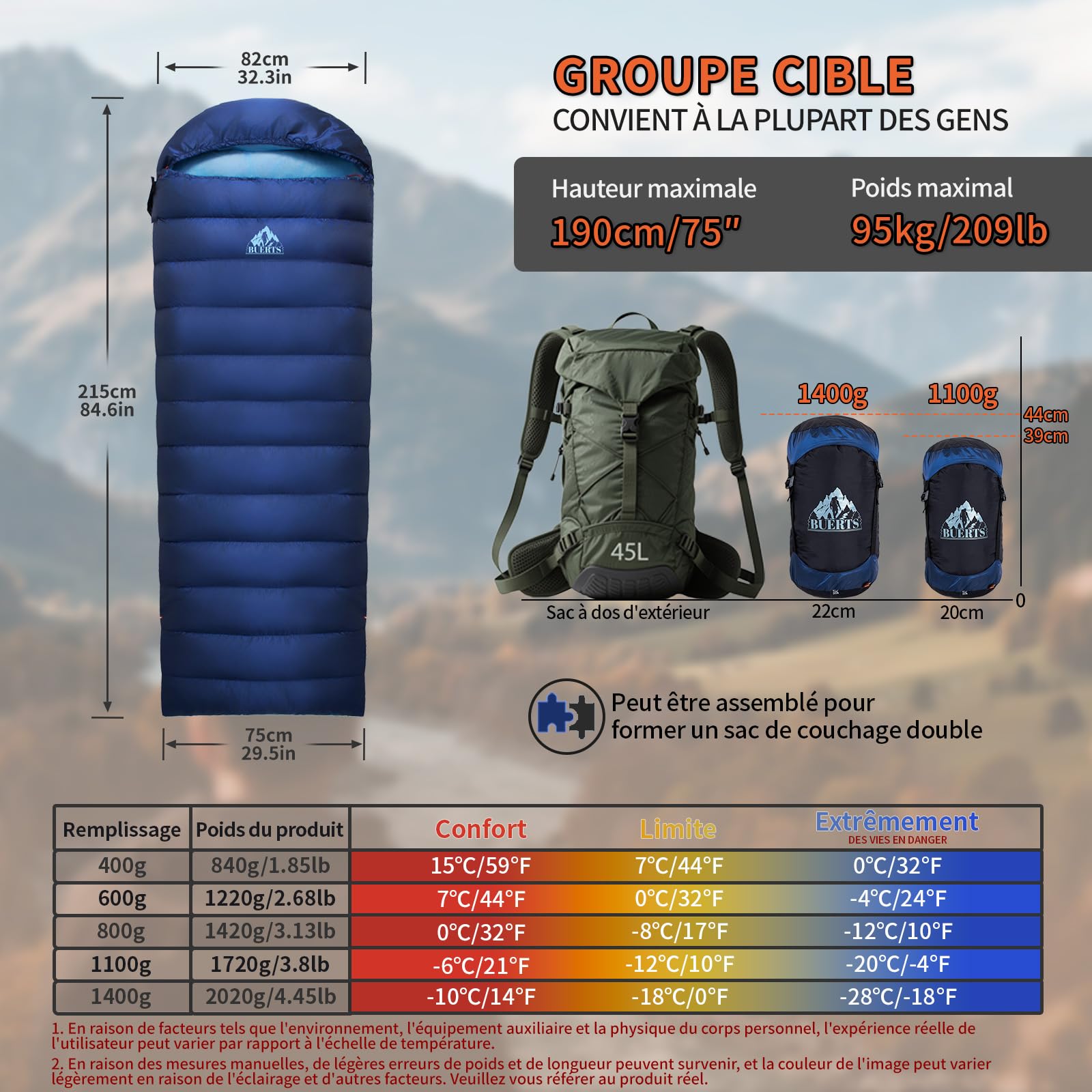 Sac de Couchage d'hiver en Duvet 680 FP, Ultra-léger pour Adultes et Adolescents, Camping