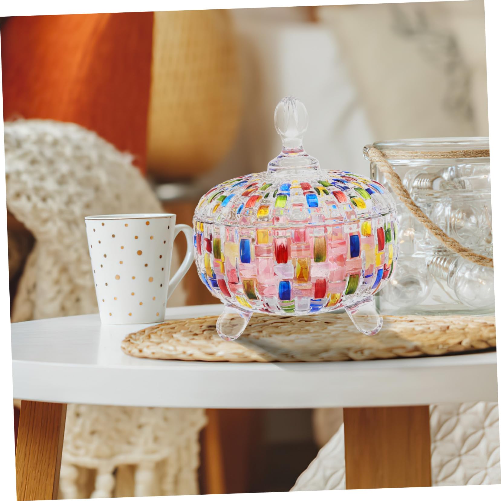 Vintage Candy Dish mit Deckel Farbiges Glas mit Kunstvollem Gewebtem Muster Transparente Süßwaren Schmuckaufbewahrung Vielseitiges Aufbewahrungsglas für Snacks und Teeblätter
