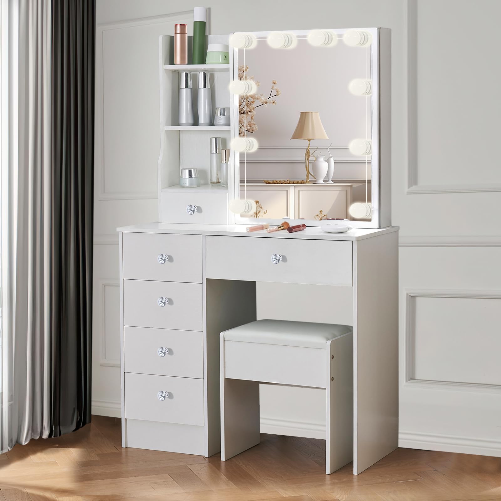 Tavolo da toeletta con illuminazione a LED, tavolo da toeletta con specchio per trucco, tavolo cosmetico con specchio, 3 colori con luminosità regolabile - M39