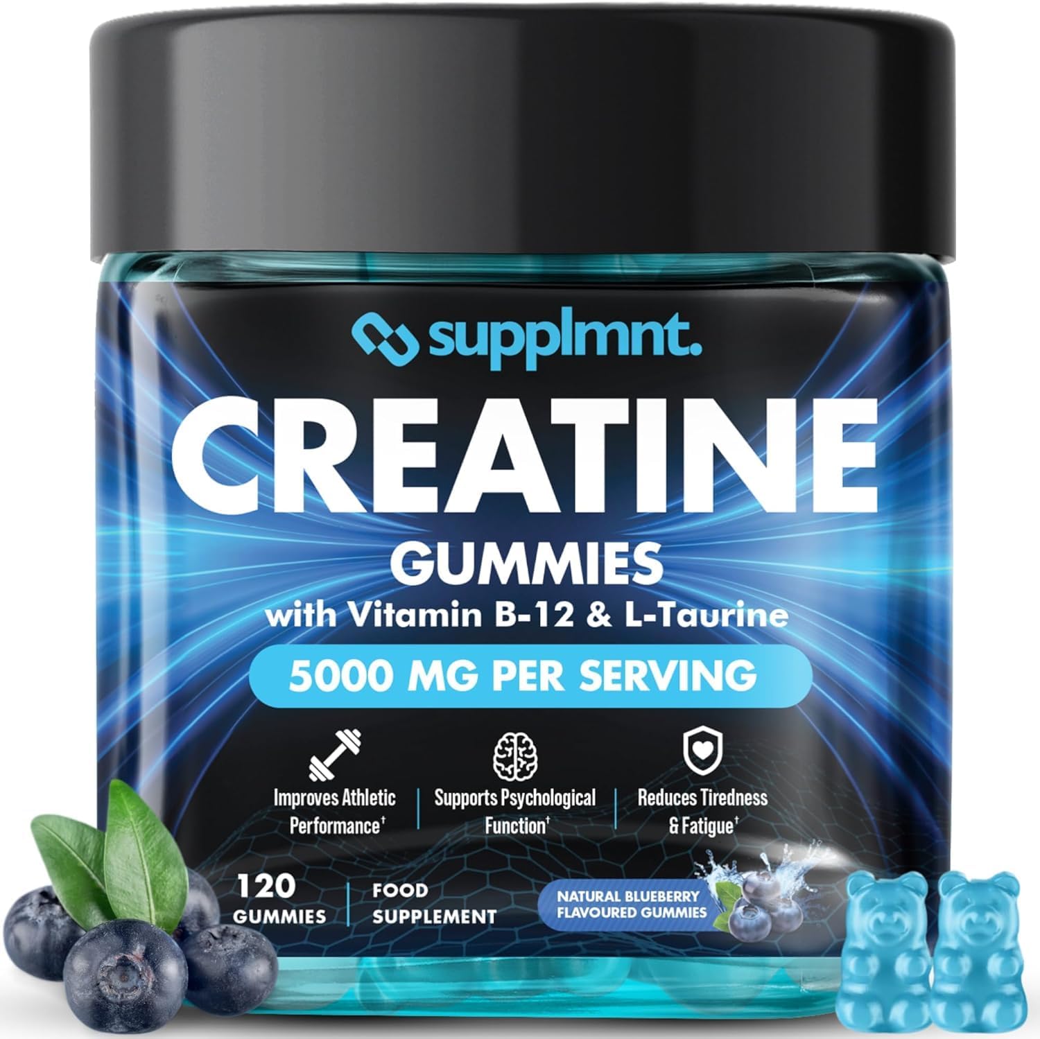 Creatine Gummies 5000mg Lab-Tested 120ct Max Strength Muscle Growth/Recovery Supplements for Men & Women Creatine Monohydrate B12 & L-Taurine Vegan Gym Pre Workout Gummies, (Blueberry)