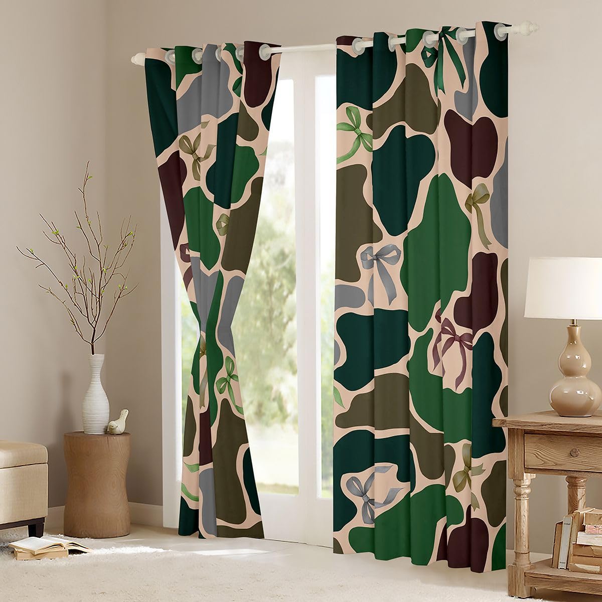 Homewish Zielone zasłony okienne moro, 117 x 183 cm, 2 zestawy paneli – vintage kokarda, moro, zasłony zaciemniające, nowoczesne, modne, kokarda, wstążka, zasłony okienne, zasłony w stylu wojskowym