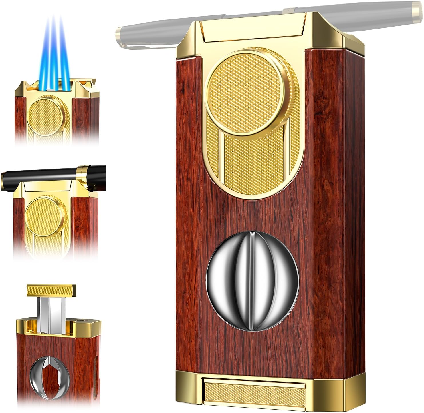All-in-One Triple Torch Lighter, Built-in V Cutter, Holder, Adjustable Windproof Jet Flames Lighter, Refillable Butane Design, Ideal Gift for Men with Gift Box (Butane not Included)