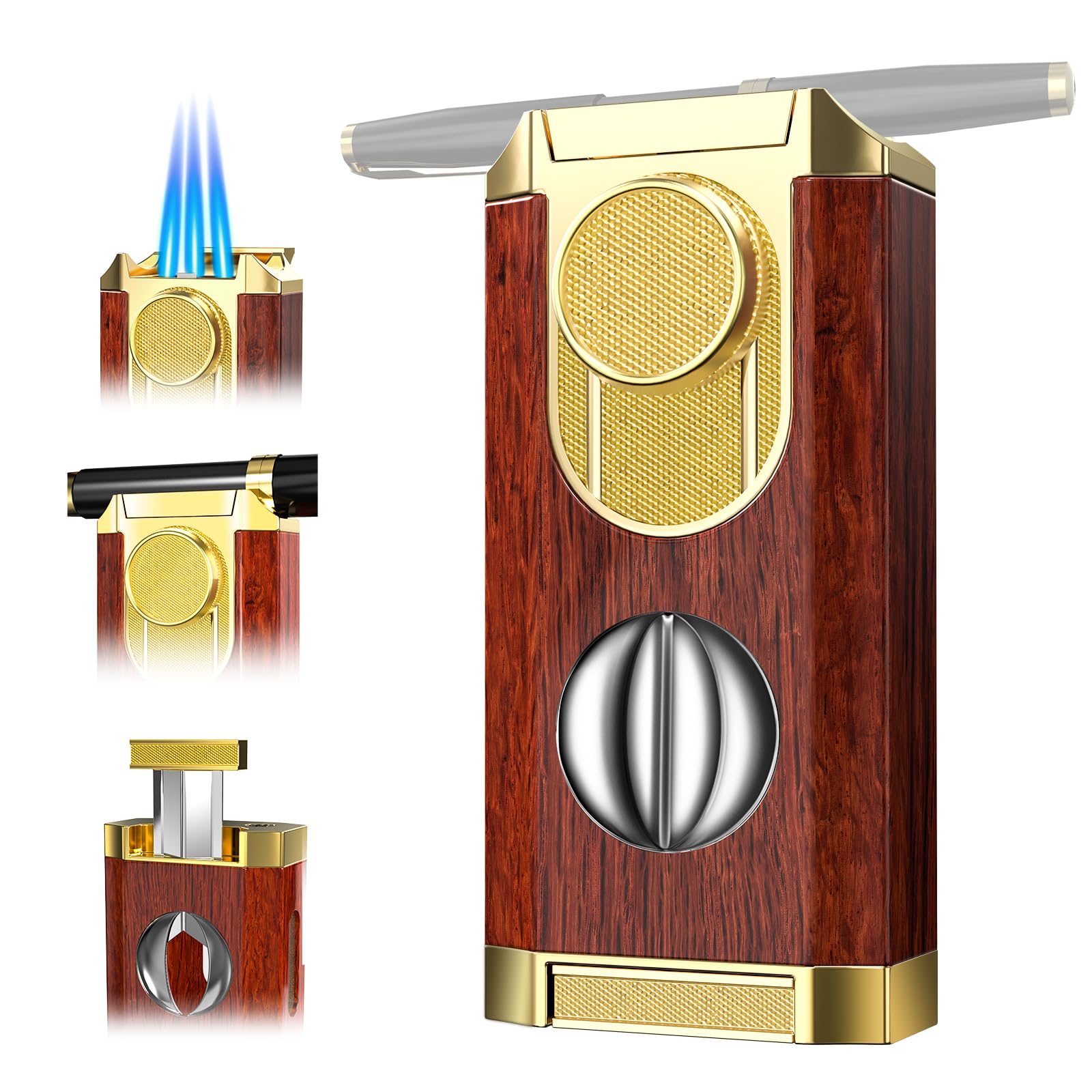 Amazon.com: All-in-One Triple Torch Lighter, Built-in V Cutter, Holder,  Adjustable Windproof Jet Flames Lighter, Refillable Butane Design, Ideal  Gift for Men with Gift Box (Butane not Included) : Health & Household