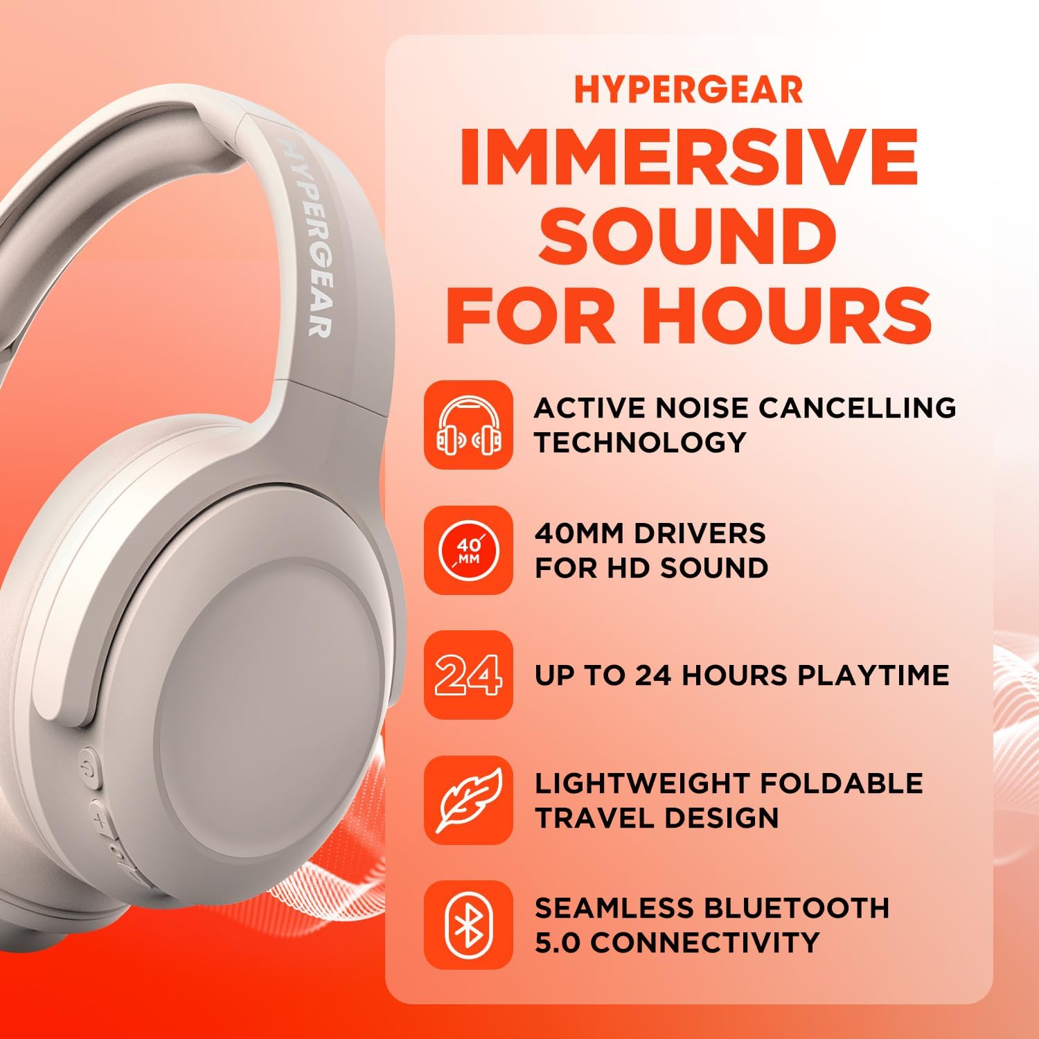 HyperGear Headphones Wireless - Bone Active Noise Cancelling Headphones Over Ear Bluetooth HD Audio Deep Bass Dual Noise Canceling Mics ANC Gym Headphone Wireless Over Ear Sound Cancelling Foldable - Image 2