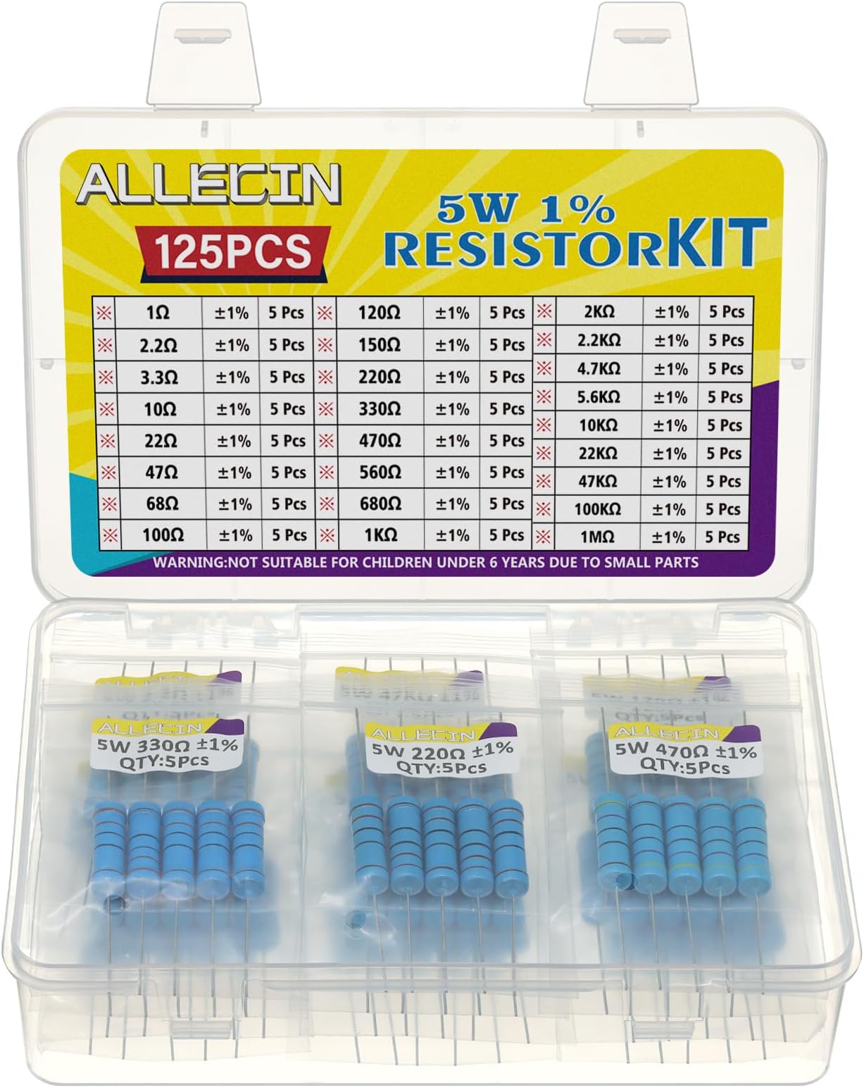 5W Metal Film Resistor Kit from 1 Ohm to 1M Ohm 25 Values 5 Watt 1% Resistors Assortment
