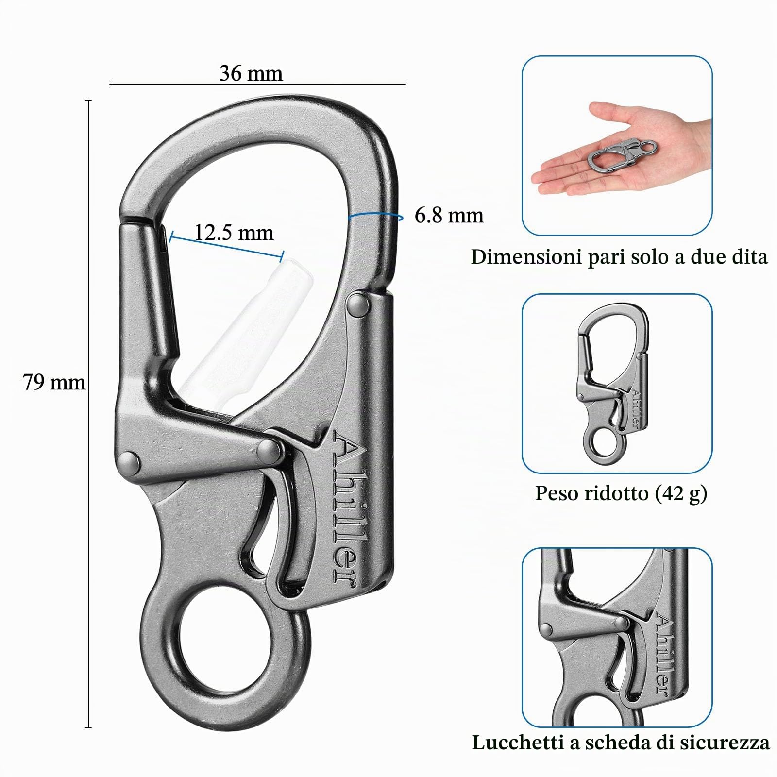 Ahiller Moschettone di Sicurezza da 7,9 cm, Portachiavi in Lega Pesante per Escursioni All'aperto, Campeggio, Laccio da Passeggio per Cani, Allenamento Indoor