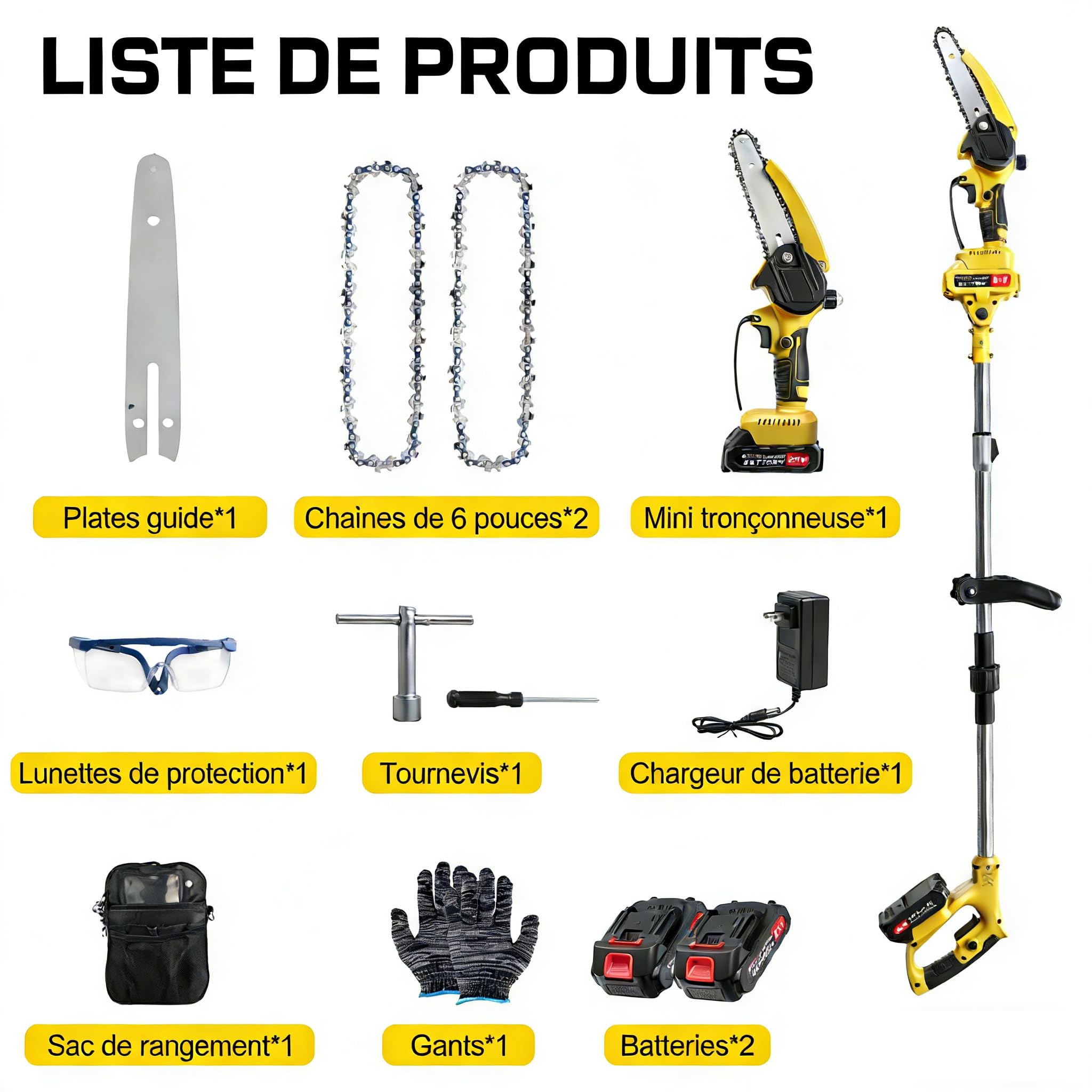 Taille-Haute Batterie 2 en 1, Tronçonneuse 6 Pouces et Taille-Haute Électrique avec 2×2.0Ah Batterie, Tige Télescopique Jusqu'à 1.72m, Taille-Haute pour Branches d'Arbres et Coupe de Bois