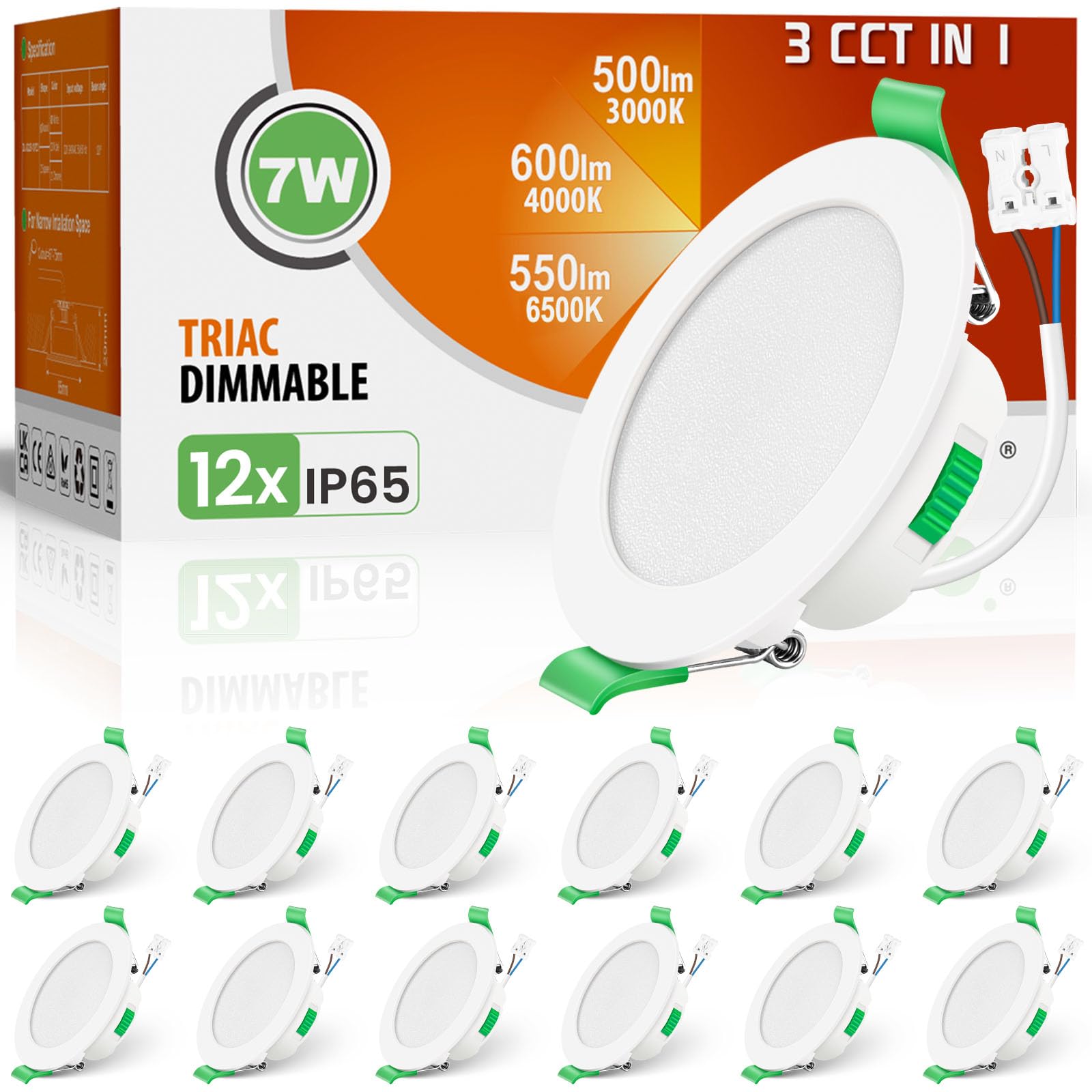 ALUSSO Reflektor sufitowy LED do zabudowy, ściemnialny, 230 V, 7 W, 3000 K, 4000 K, 6500K, wodoodporna, IP65, regulowana, wpuszczana lampa sufitowa do łazienki, salonu, zestaw 12 sztuk, okrągła, biała