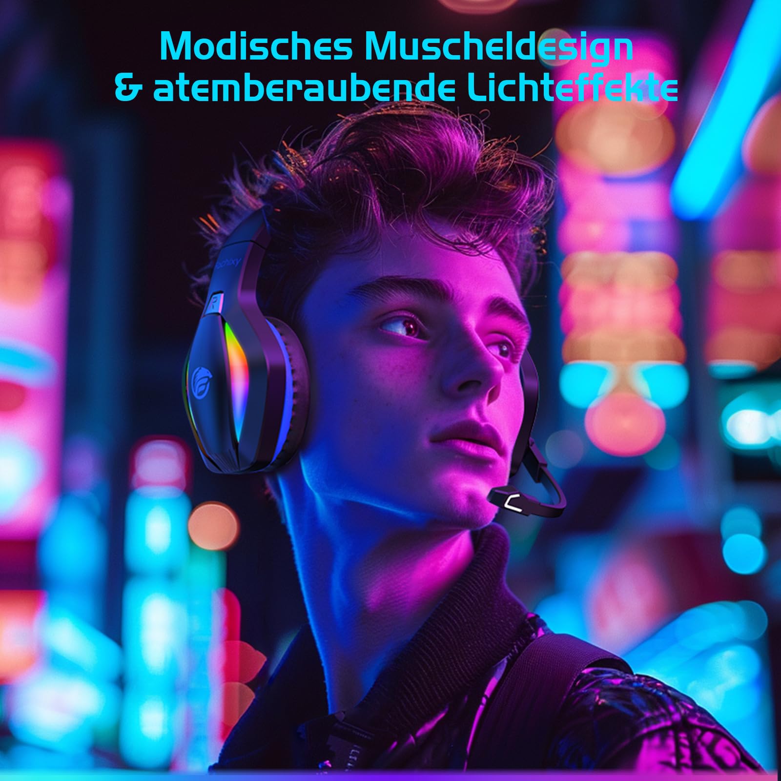 Fachixy「2025 Neu」FC100 Wireless Gaming Headset - 2.4GHz & Bluetooth Kopfhörer mit Mikrofon - 3D Stereo Sound & 40H+ Akkulaufzeit - Für PS4, PS5, PC, Mac, Tablets, Switch, Smartphones, schwarz-blau