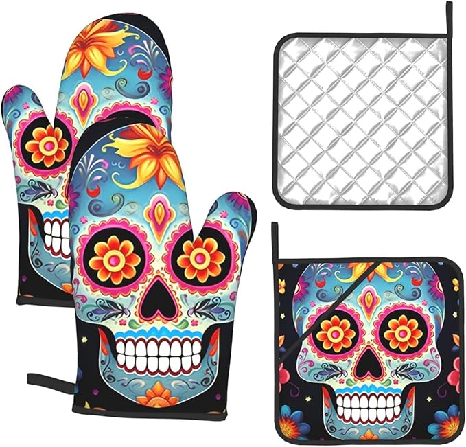 Sugar Skulls Oven Mitts and Pot Holders 4-Piece Set, Extended Kitchen Gloves and Pan Racks, Heat Resistant Oven Gloves Hot Pads Non-Slip Cooking Gloves Potholders Gifts for Women