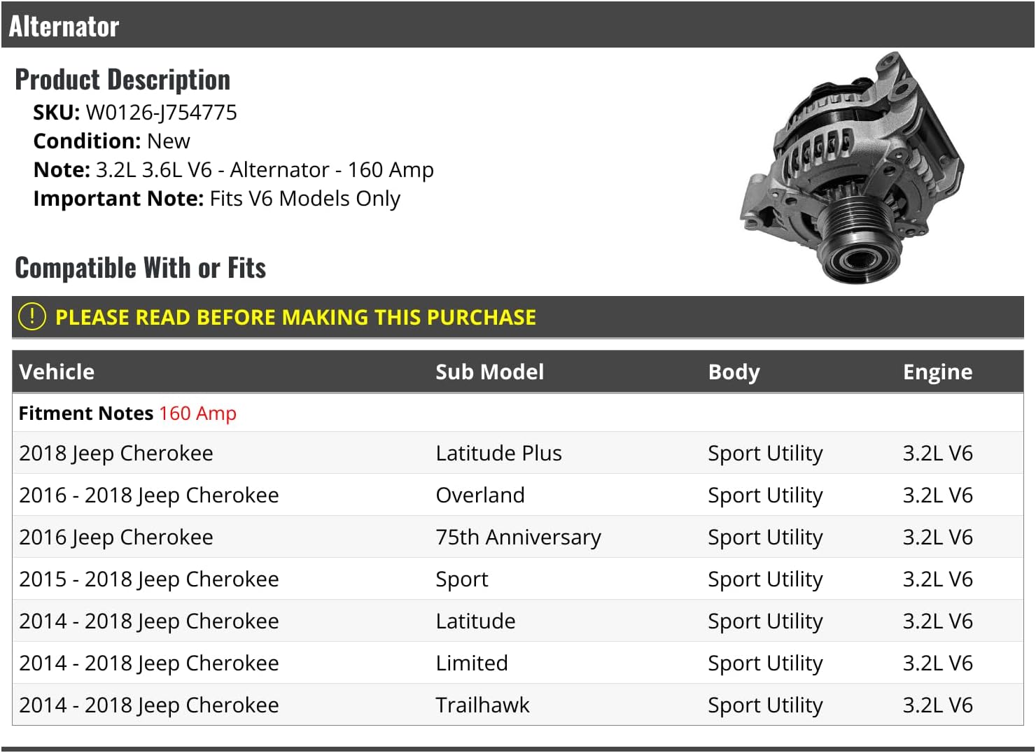 Alternator - 160 Amp - Compatible with 2014-2018 Jeep Cherokee Sport Utility 3.2L V6
