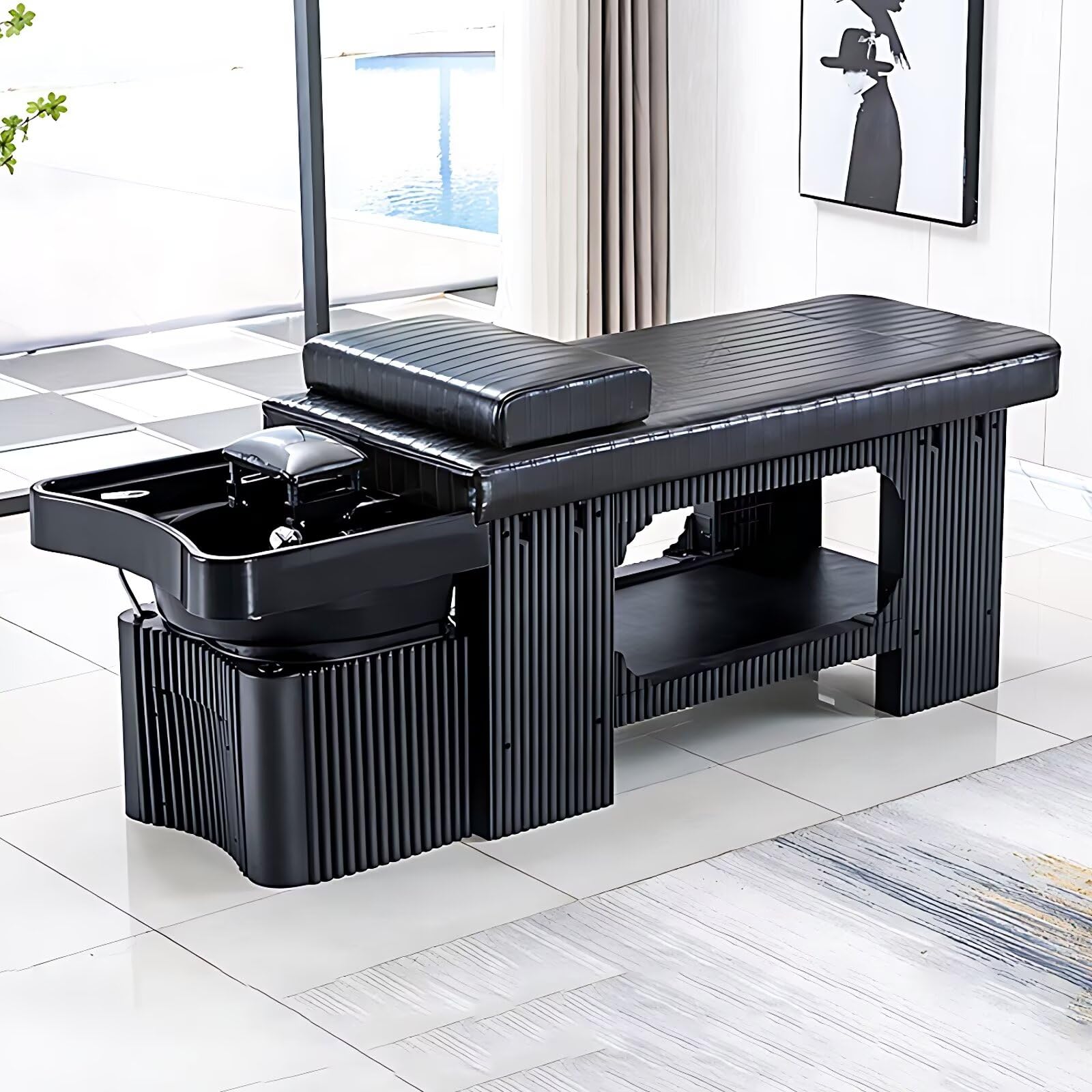 Massage Shampoo Bed-Shampoo Bed with Luxury Black Stripe Design Head Spa Equipment Spa Beauty Bed Includes Fumigation Comfortable