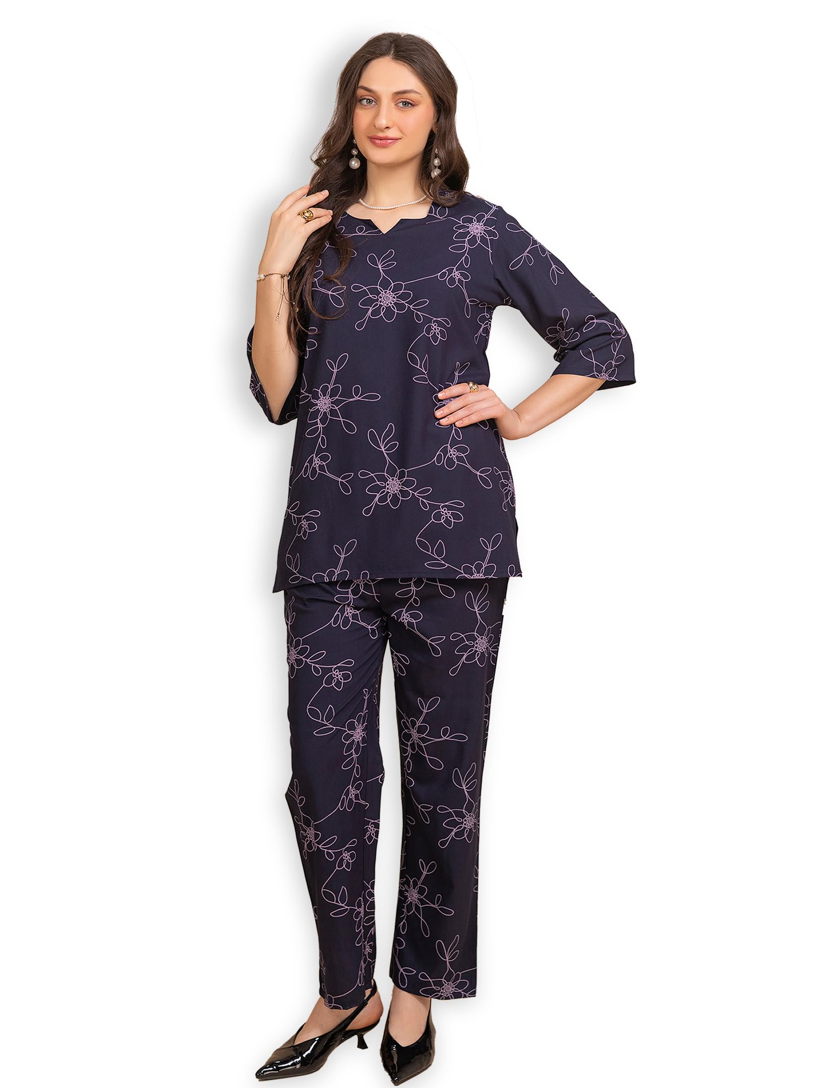 Women Rayon Printed Co-ord Set | Mandarin Collar Tunic & Trouser Set | Relaxed Fit | 3/4 Sleeves | Side Slit | Casual Wear And Everyday Wear | M to XXL-image-35