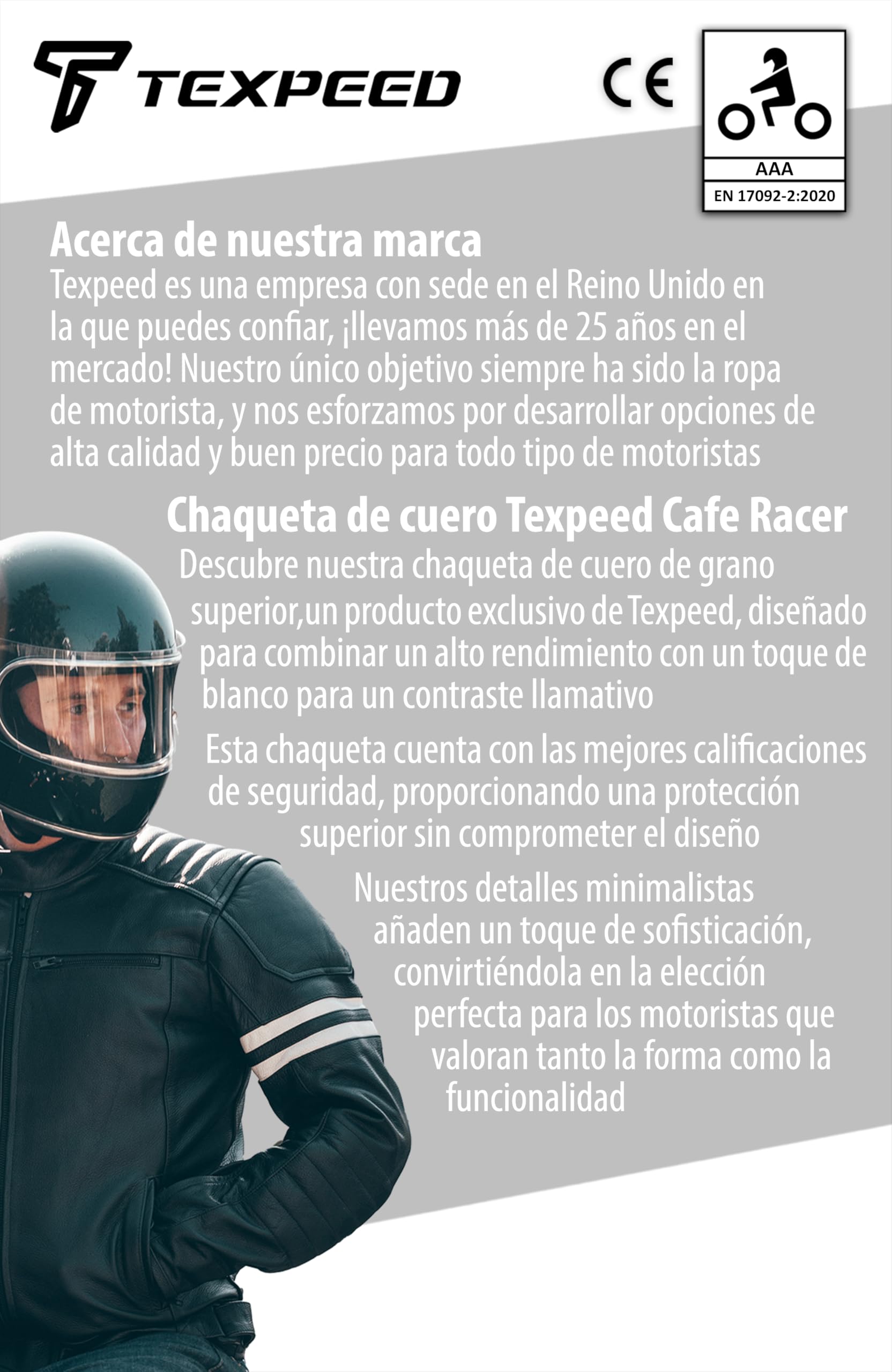 Texpeed Chaqueta de moto de cuero hombre - Chaqueta de moto de turismo con auténtica protección CE (EN 1621-1) y diseño Café Racer - Negra con franja blanca - XL