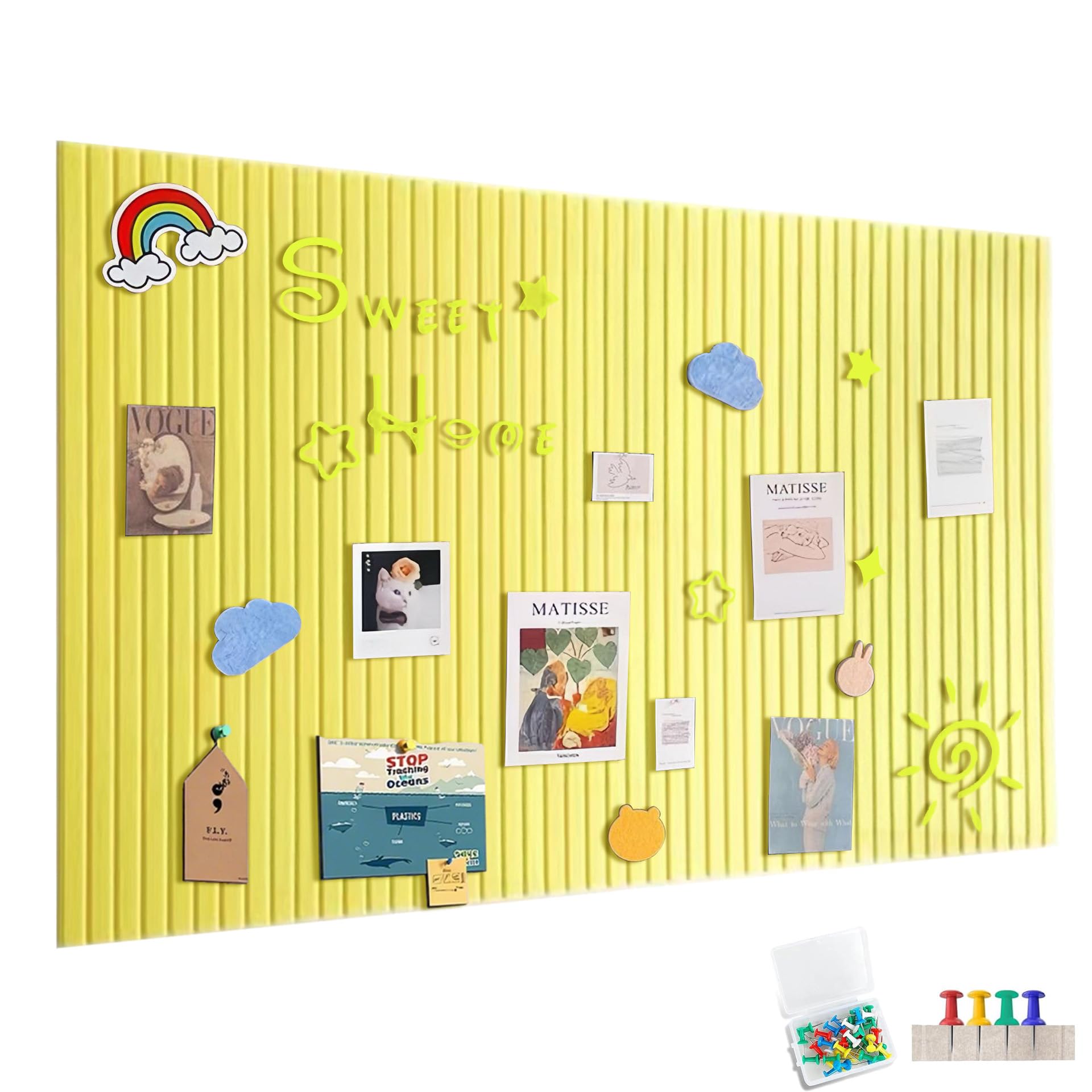 Large Self-Adhesive Felt Bulletin Board - 120 x 90 cm - With 60 Pins - Wall Decoration for Office, Kitchen, Photos, Memos, Lemon Yellow