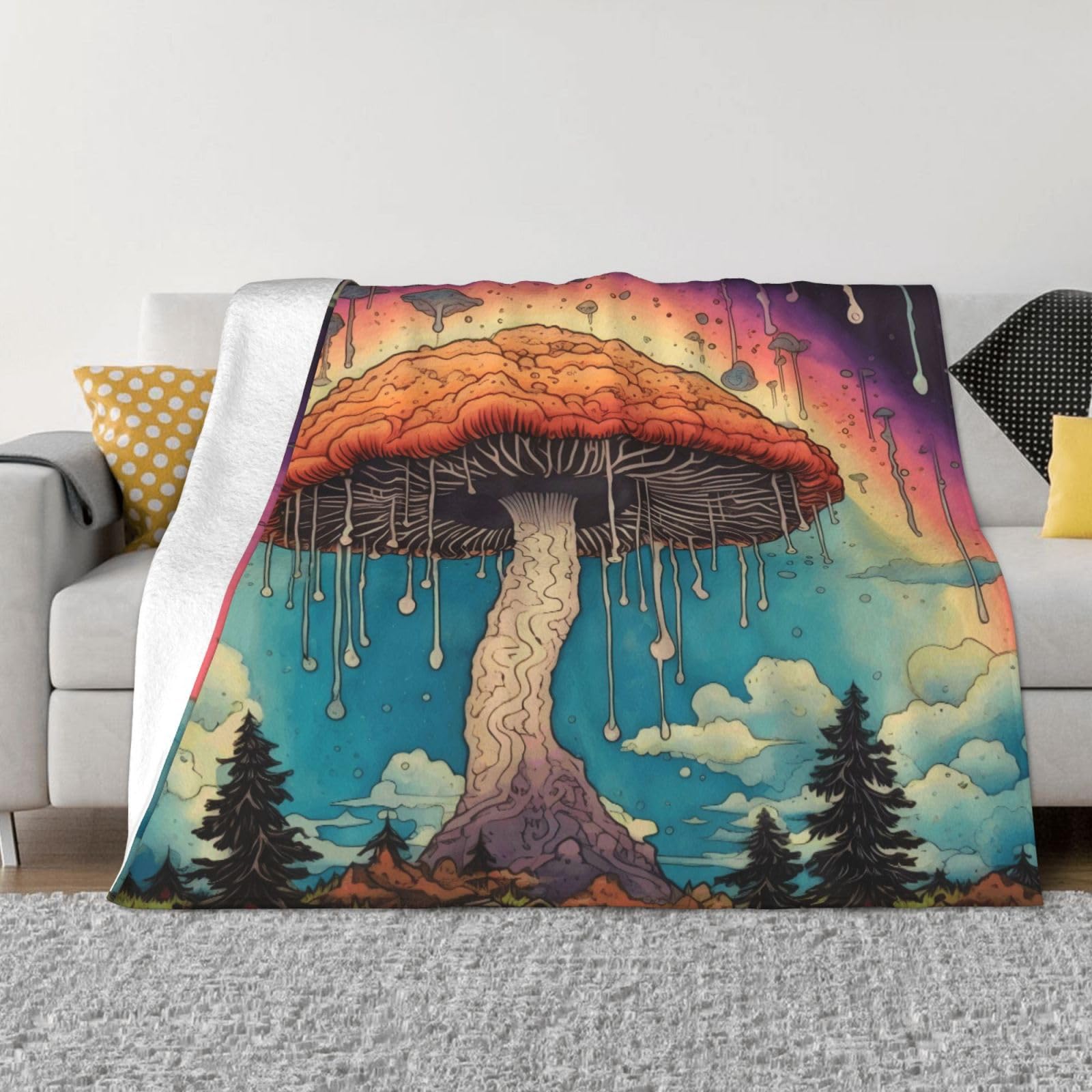 Plaid champignons arc-en-ciel en flanelle chaude contre les frissons du soir