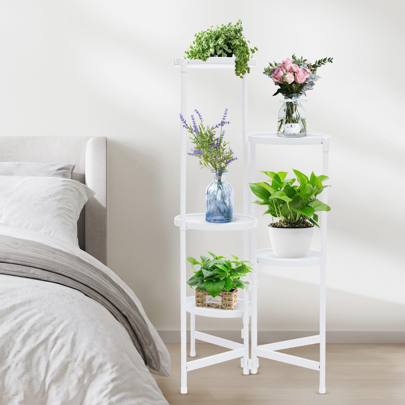 MINRS Supporto per piante a 5 ripiani, in metallo, bianco, per più piante, per terrazza, giardino, angolo, balcone, soggiorno