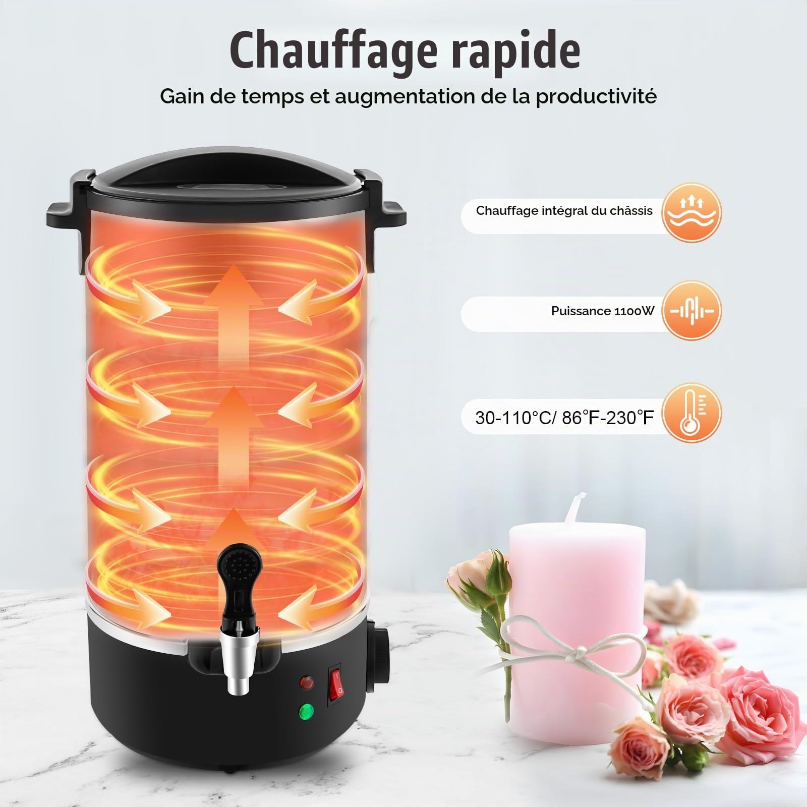 Fondoir Cire Bougie Machine Pot De Fusion Cire éLectrique Acier Inoxydable 10.8L, 1100 W Bec Verseur Machine à Fondre La Cires RéGlage 30-110 ℃, Affichage Numérique LED, Pour Fabrication De Bougie