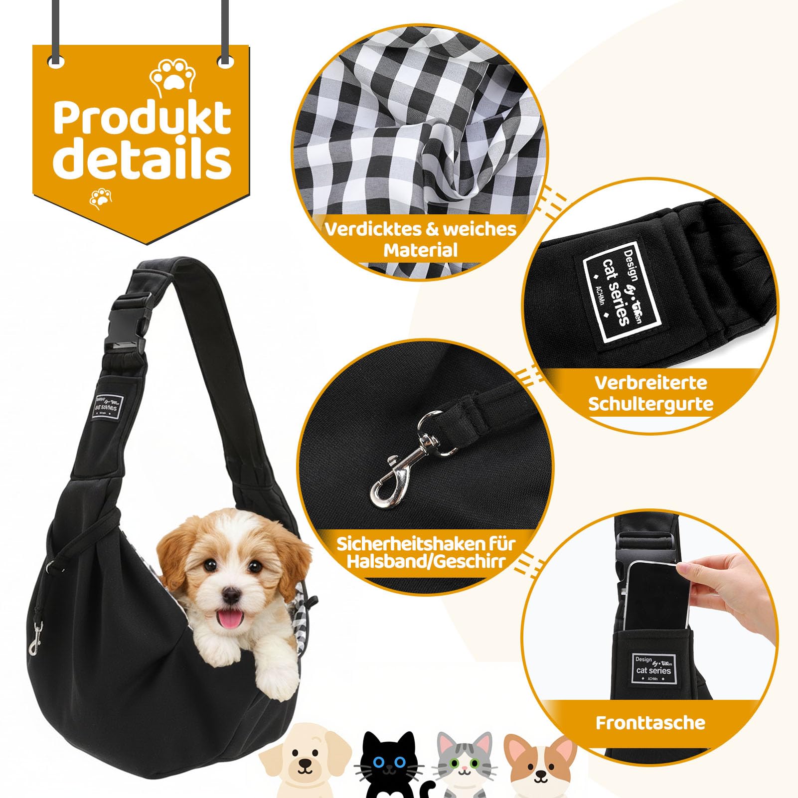 Sac de Transport pour Chien Chat Jusqu’à 7.5 KG, Réglable Sac de Transport avec Corde de Sécurité pour Petit Animaux, Sac à Bandoulière pour L'extérieur, Les Voyages, Le Métro