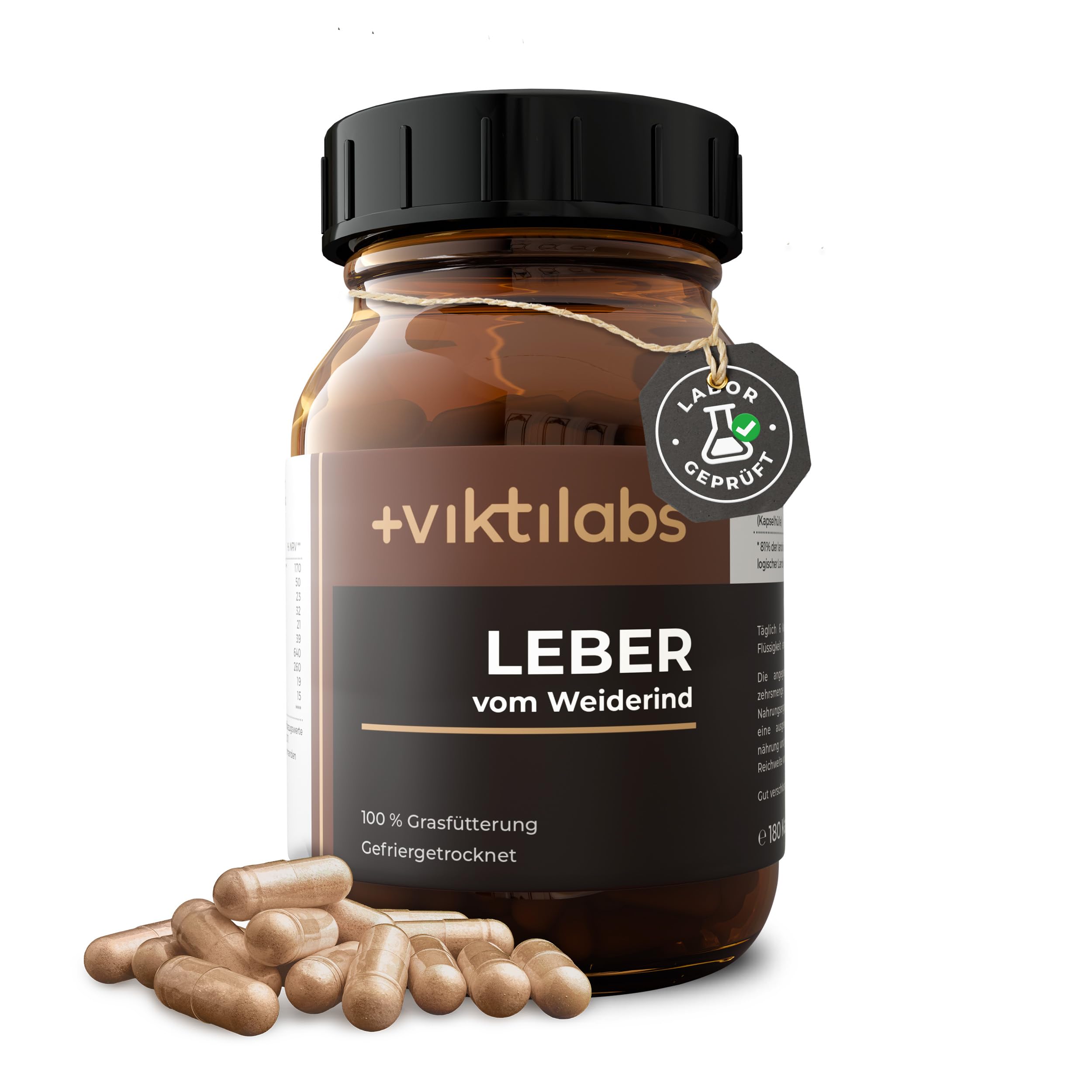 Leber vom Weiderind - gefriergetrocknetes Rinderleberpulver - hohe Bioverfügbarkeit - ohne Hormone - 100% Grasfütterung - 6 Kapseln pro Tag - 180 - ohne Zusatzstoffe