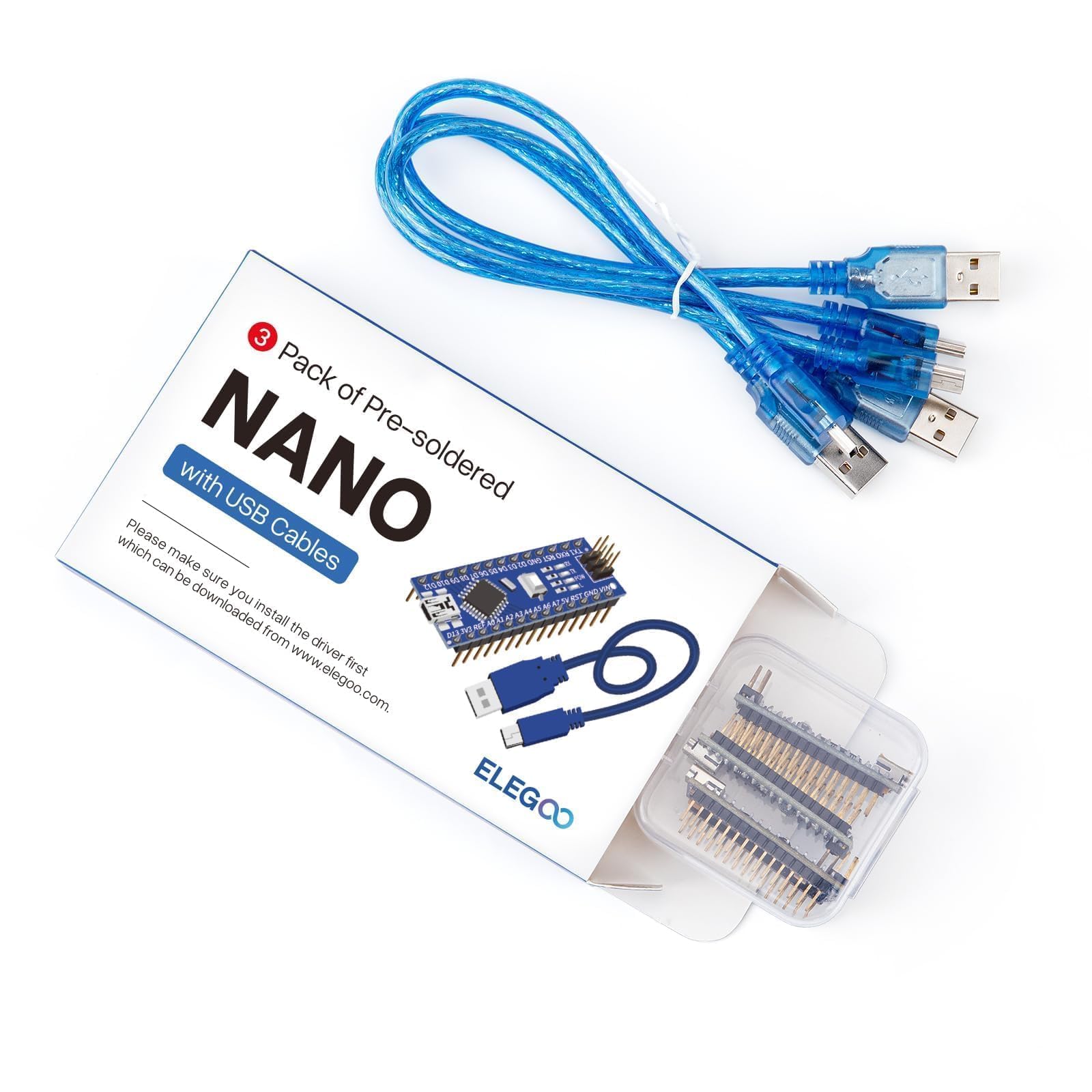 ELEGOO Wstępnie lutowana tablica nano z nagłówkami CH 340 kompatybilna z Arduino (Nano x 3 kable USB)