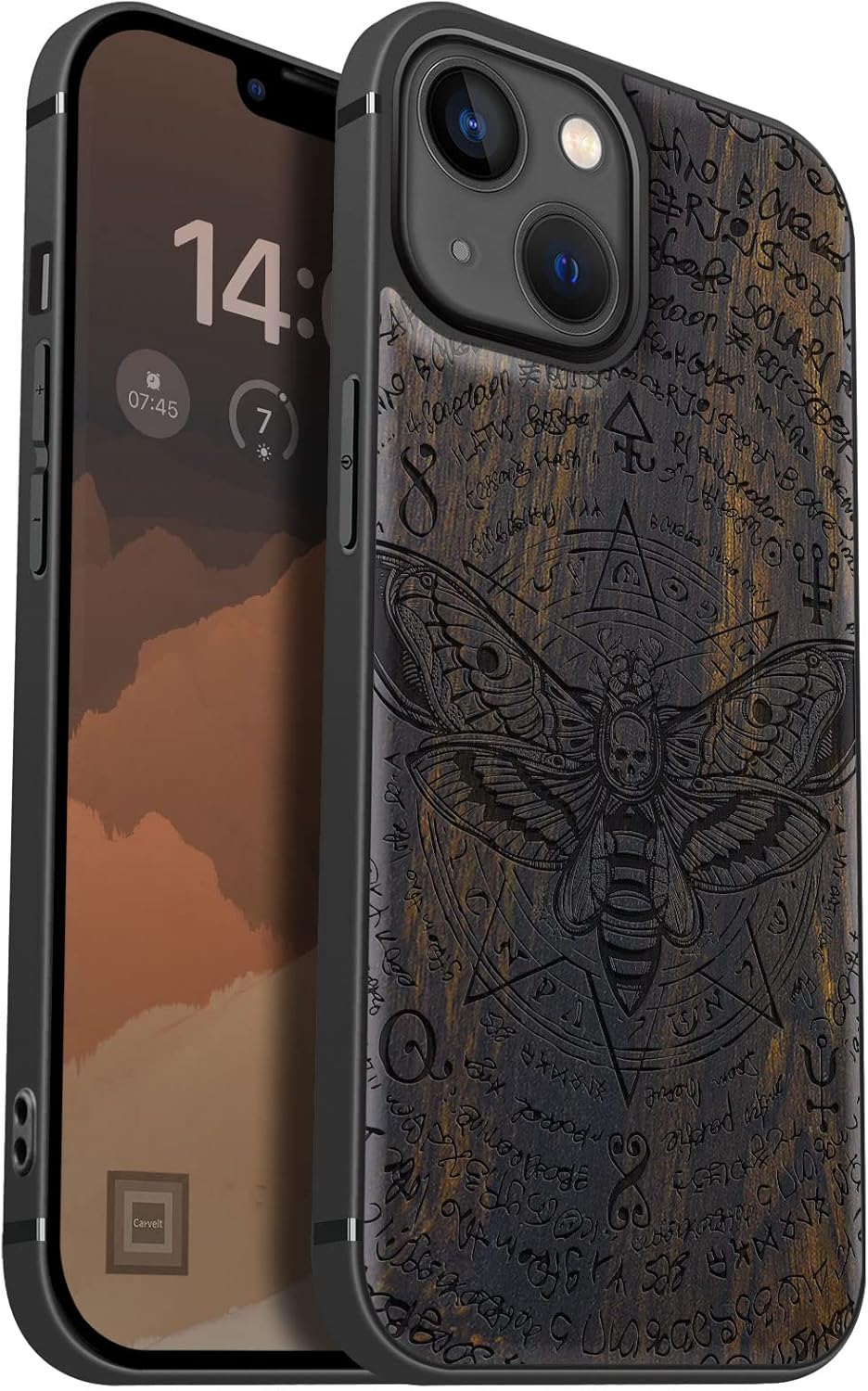 Carveit Magnetic Wood Case for iPhone 13 Case [Natural Wood & Black Soft TPU] Unique & Classy Wooden Shockproof Protective Cover Compatible with magsafe (Death's Head Moth -Blackwood)